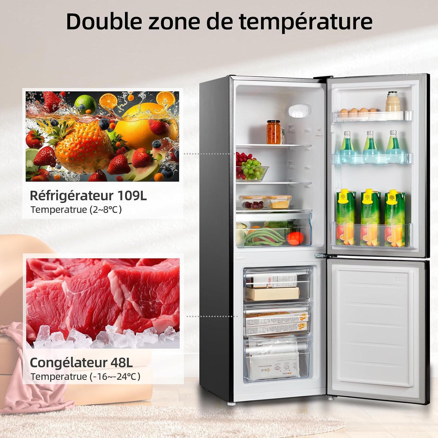 CBM159LEBD Réfrigérateur congélateur bas157 litres (109 + 48) Low Frost, Faible bruit, Refroidissement rapide, Faible emcombrement - Congélateur 4 Étoiles, Éclairage Intérieur LED, Réglage Flexible, Charnière Porte Reversible, Largeur 47cm 159 L
