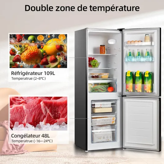 CBM159LEBD Réfrigérateur congélateur bas157 litres (109 + 48) Low Frost, Faible bruit, Refroidissement rapide, Faible emcombrement - Congélateur 4 Étoiles, Éclairage Intérieur LED, Réglage Flexible, Charnière Porte Reversible, Largeur 47cm 159 L