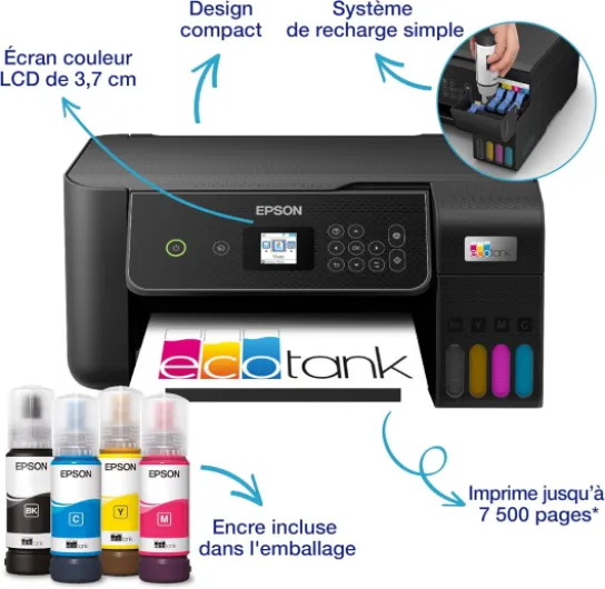 EcoTank ET-2870 Imprimante à Réservoirs D’Encre - Maison & Petit Bureau - Wi-FI - A4 - Imprimer, Copier, Numériser - Écran LCD 3,7cm - Jusqu’à 3 Ans d’Encre Inclus