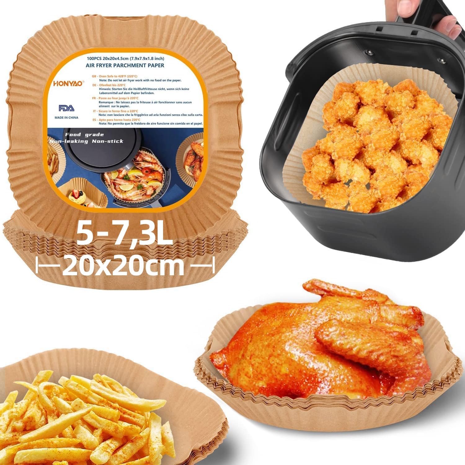 Papier Cuisson Air Fryer 100 Pièces, 20x20 cm XXL Carré Paper Sulfurisé pour Friteuse a Air 5-7,3 L, Airfryer Parchemin Accessoires compatible avec Cosori Philips Cecotec Friteuse Sans Huileile