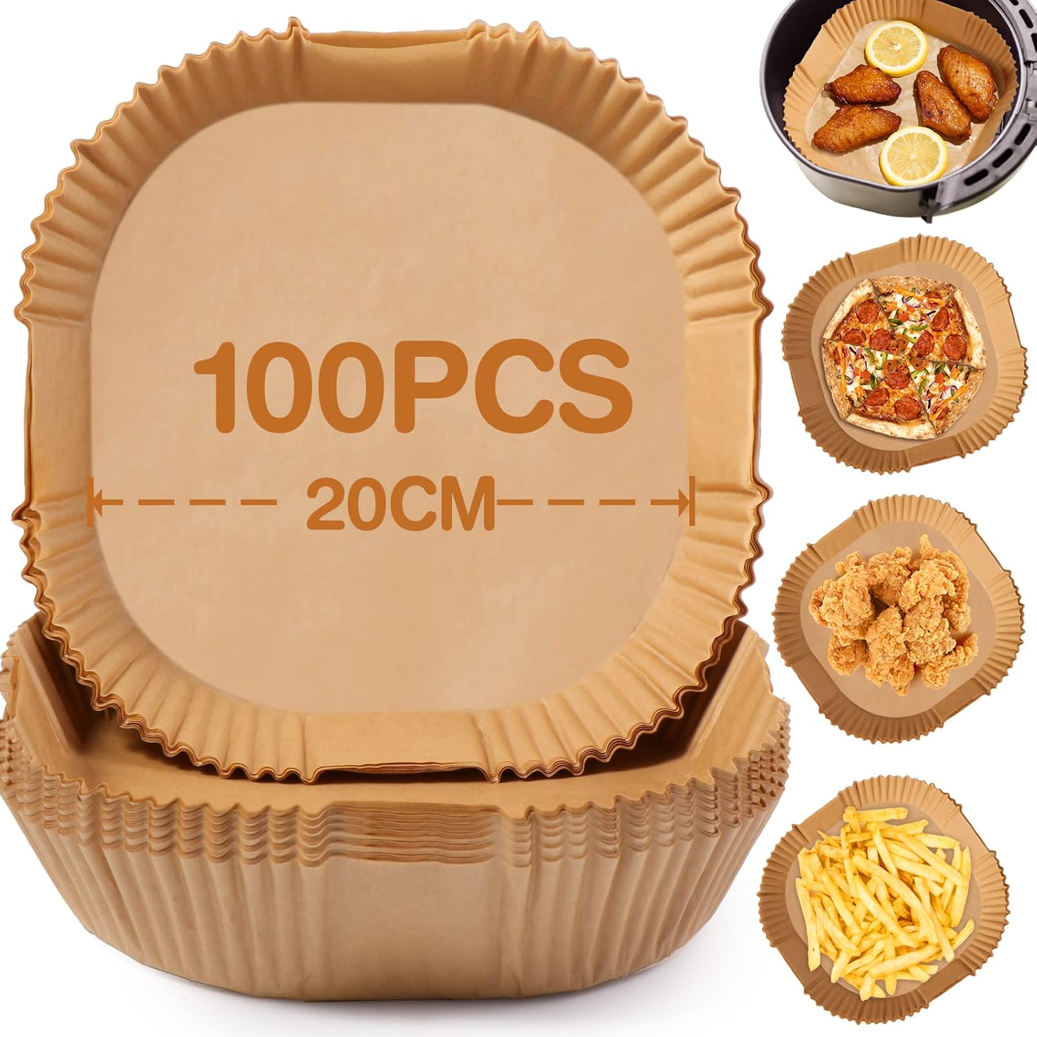 Papier Cuisson Air Fryer, 100 Pièces 20cm Papier Sulfurisé pour Air Fryer, Antiadhésive Disposable Paper Liner Accessoires Air Fryer, pour 5-8L Friteuse Sans Huile (Carré)