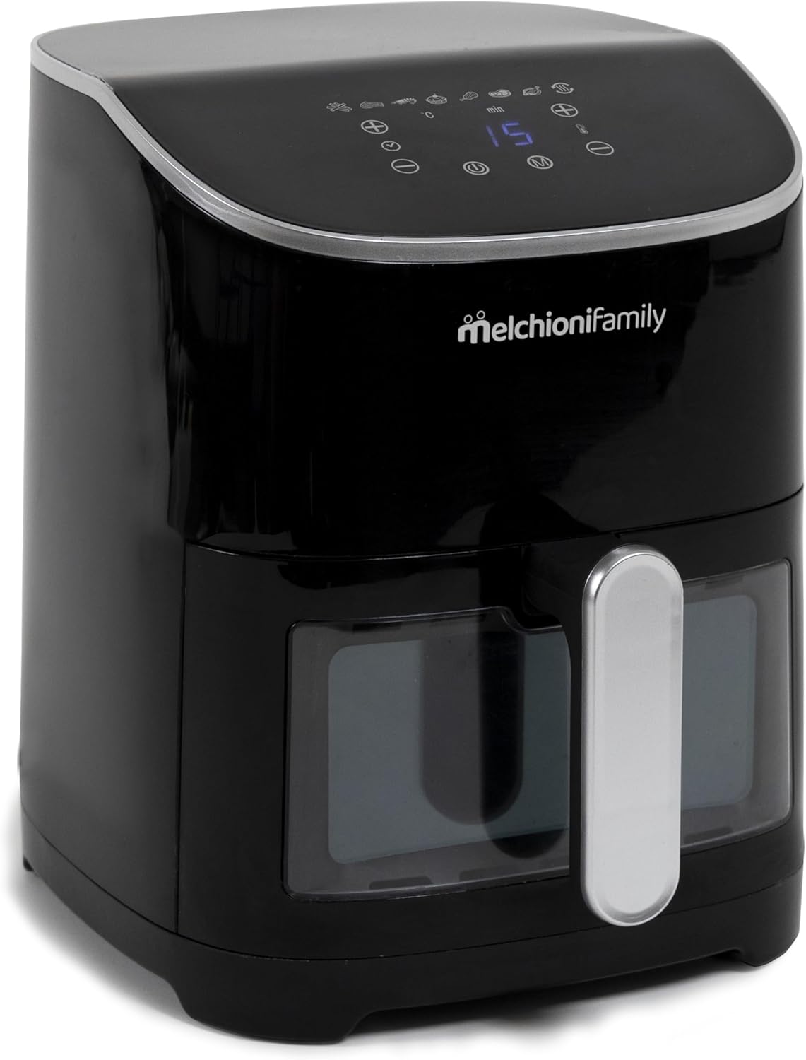 Melchioni Family - Friteuse à Air EMMA, Capacité 5 litres, Écran Tactile et Minuteur, Fenêtre Transparente, Air Fryer Sans Huile avec 8 Programmes, 80-200°, 1300 W, Couleur Noir