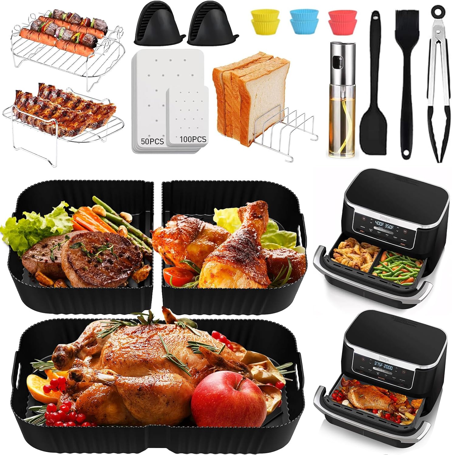 Moule Air Fryer, 20 Pièces Accessoires Air Fryer pour Ninja Foodi Flex 10.4 L AF500EU, Silicone Air Fryer Accessoires (1x10,4L + 2x5,2L) pour Ninja Air Fryer