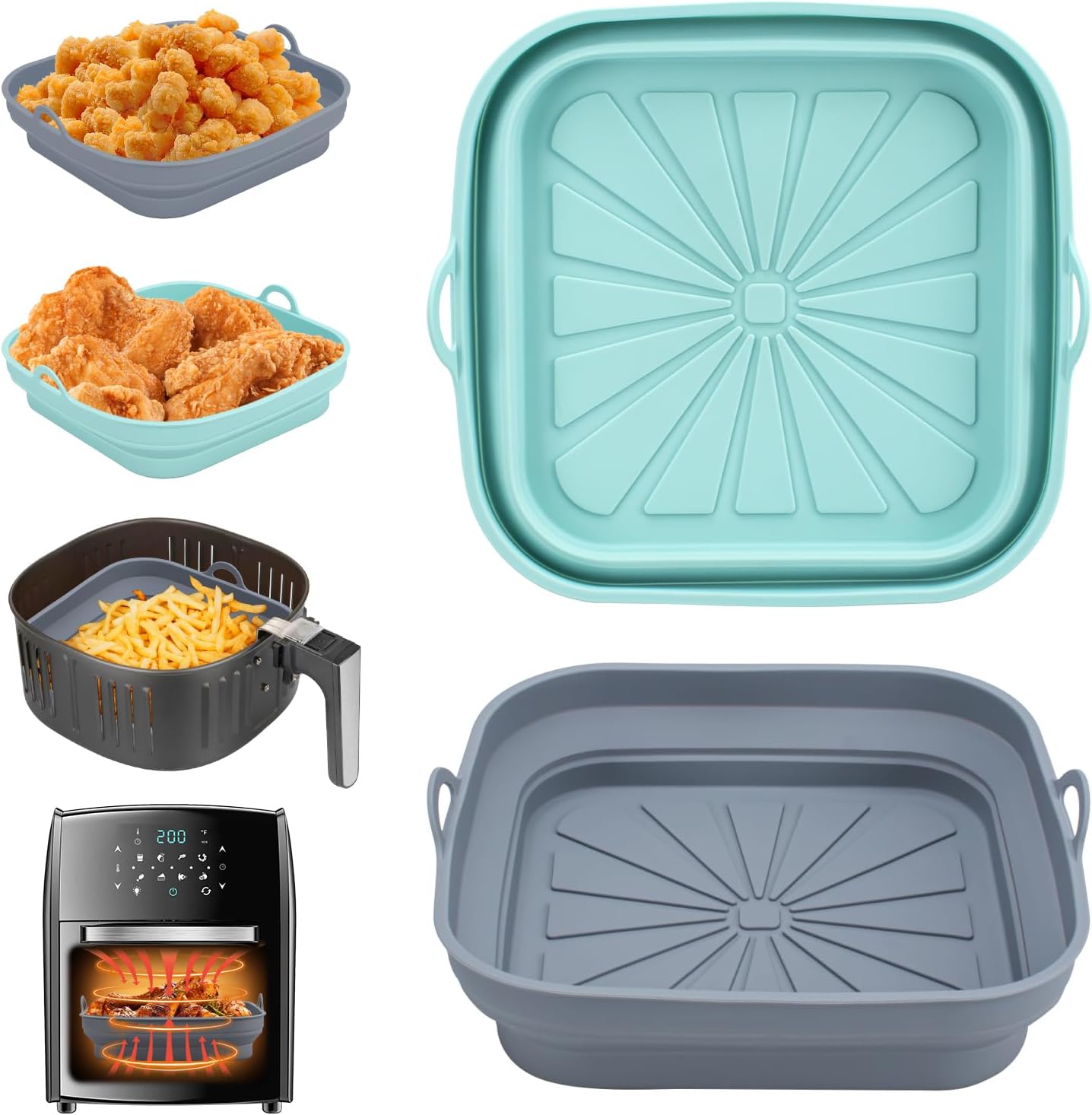 Moule Silicone Air Fryer, 2 Pièces Panier Moule pour Friteuse à Air Chaud Réutilisable Airfryer Pot Plat Carré Pliable Doublure Liner pour Friteuse Air, Micro-ondes, Four (Bleu+Gris)