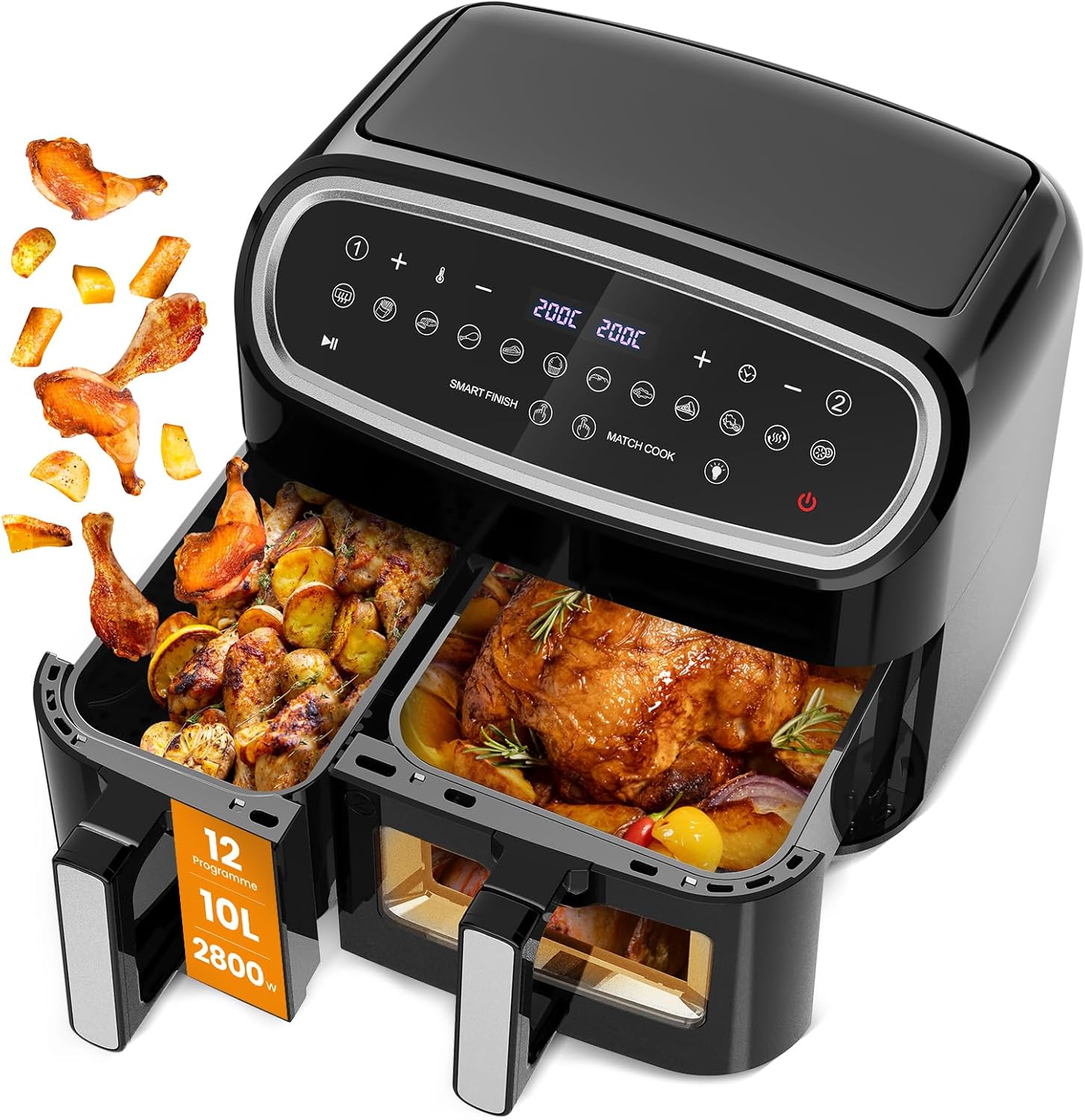Friteuse Sans Huile Double, Air Fryer Tour, Capacité XXL de 10 Litres, 12 Programmes Préétablis, Fonction Minuterie, Friteuse à Air Chaud de 2800W, Double Tiroir pour Cuire un Poulet Entier