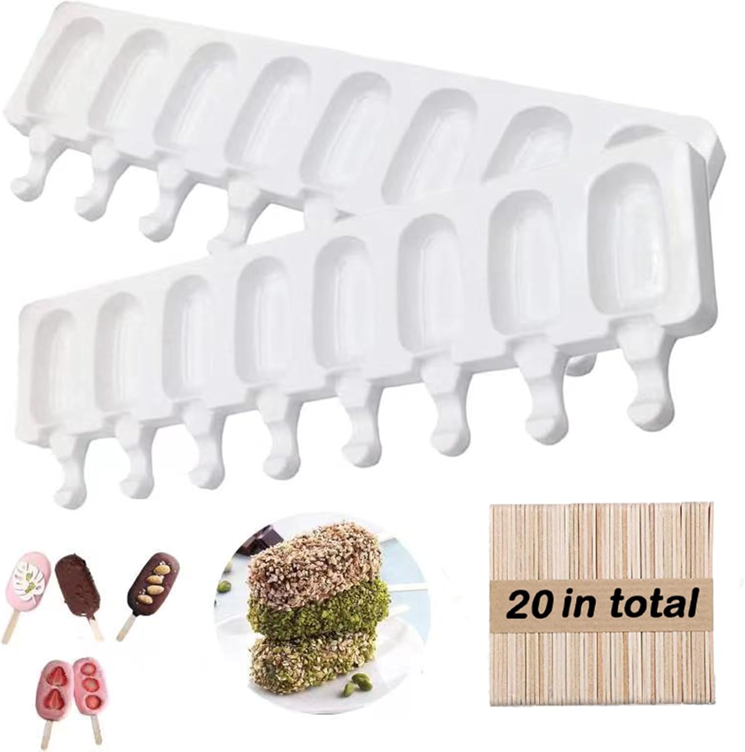 Moules à glace,moule a glace silicone,Popsicle Ice Maker,Moule magnum cake-Ice Cream Moules Maison Dessert,2 Pcs 8 Cavités Silicone Moule à Crème,Moule à Glace avec 20 Bâtonnets de Glace