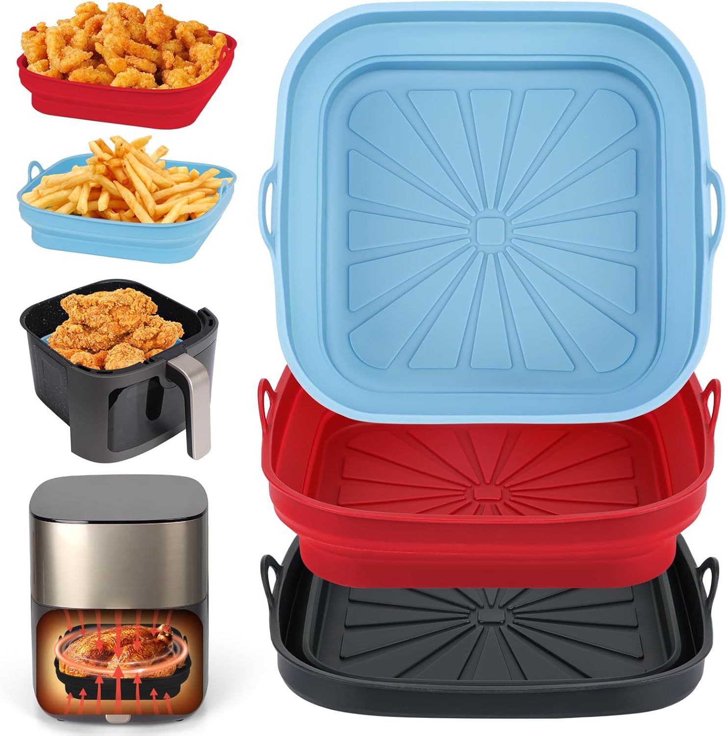 Moule Silicone Air Fryer, 3 Pièces Moule Panier Friteuse à Air Chaud Réutilisable Airfryer Plat Carré Pliable Doublure Liners pour Friteuse Air, Micro-ondes, Four (Rouge+Noir+Bleu Ciel)
