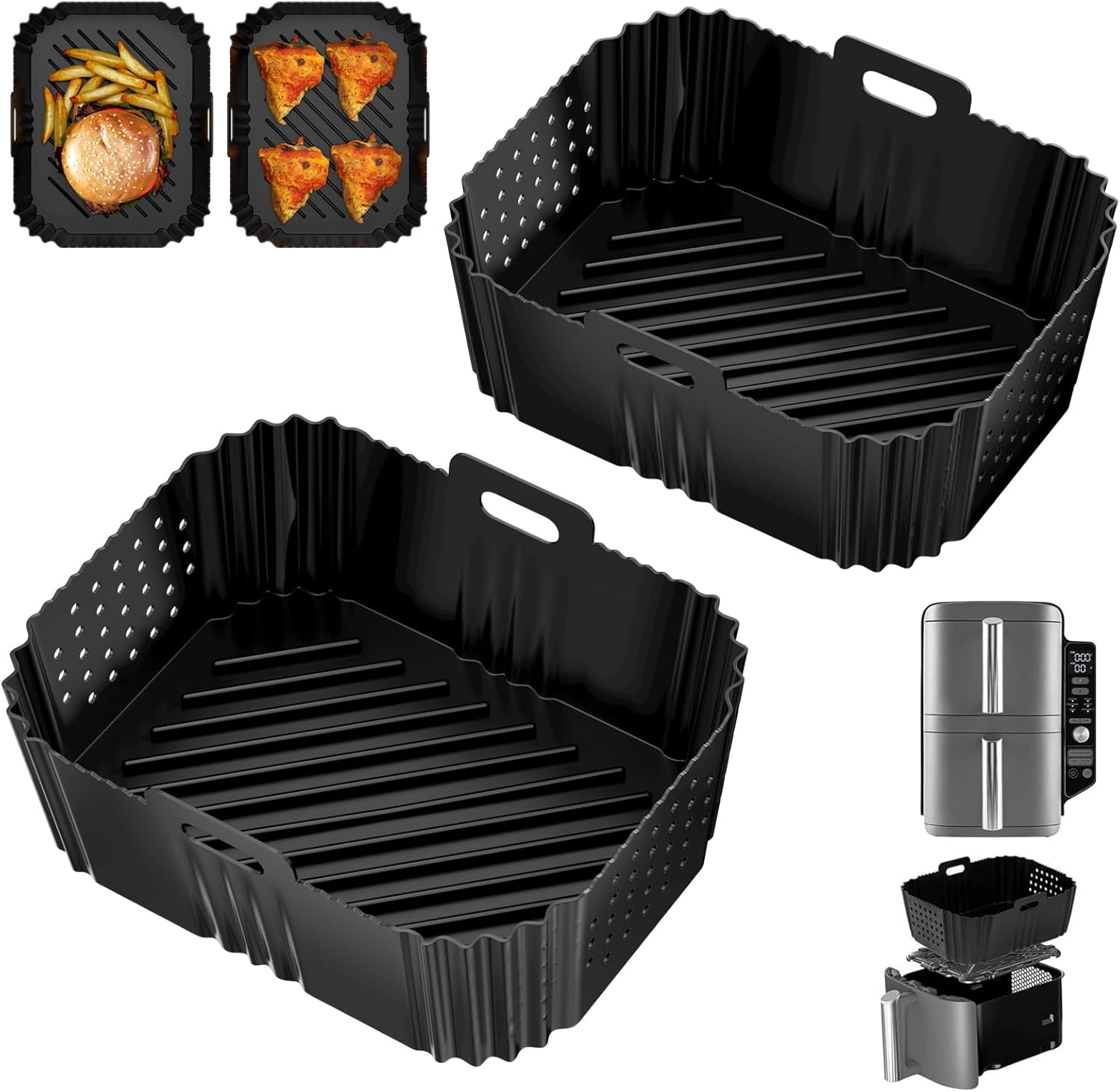 Chiluxendo 2Pcs Moule Silicone Air Fryer, Réutilisable Accessoires pour Friteuse à Air, Rectangle Panier Friteuse en Silicone, Anti-Adhésive Doublures de Pot pour Airfryer, Micro-Ondes, Moule à Gâteau
