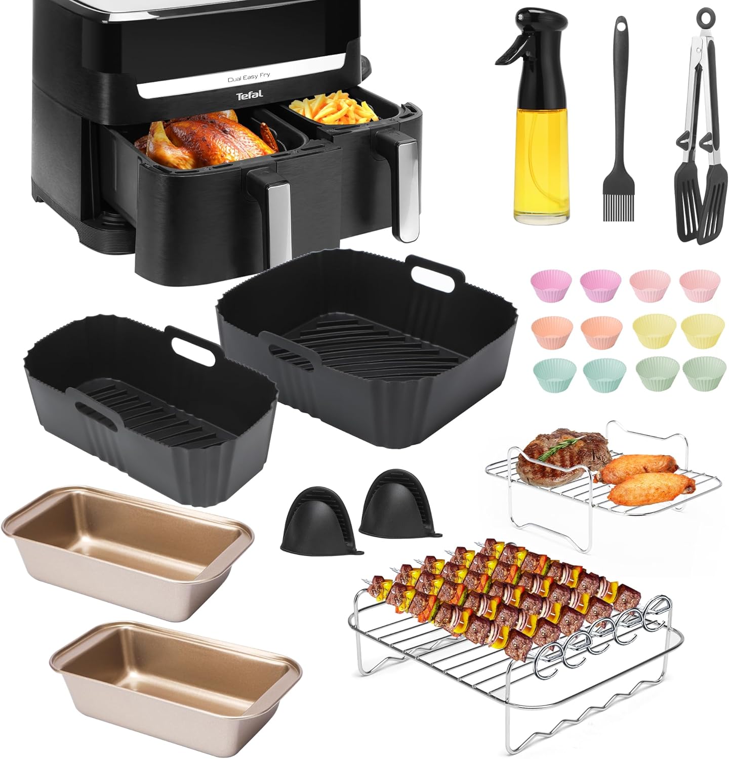 Air Fryer Accessoires Pour Moulinex Easy Fry Dual Friteuse sans huile 8,3L, 23pcs Avec Moule En Silicone Pour Friteuse À Air, Racks, Spray Huile Cuisine,Moule Muffin，Moule à Pain, etc.