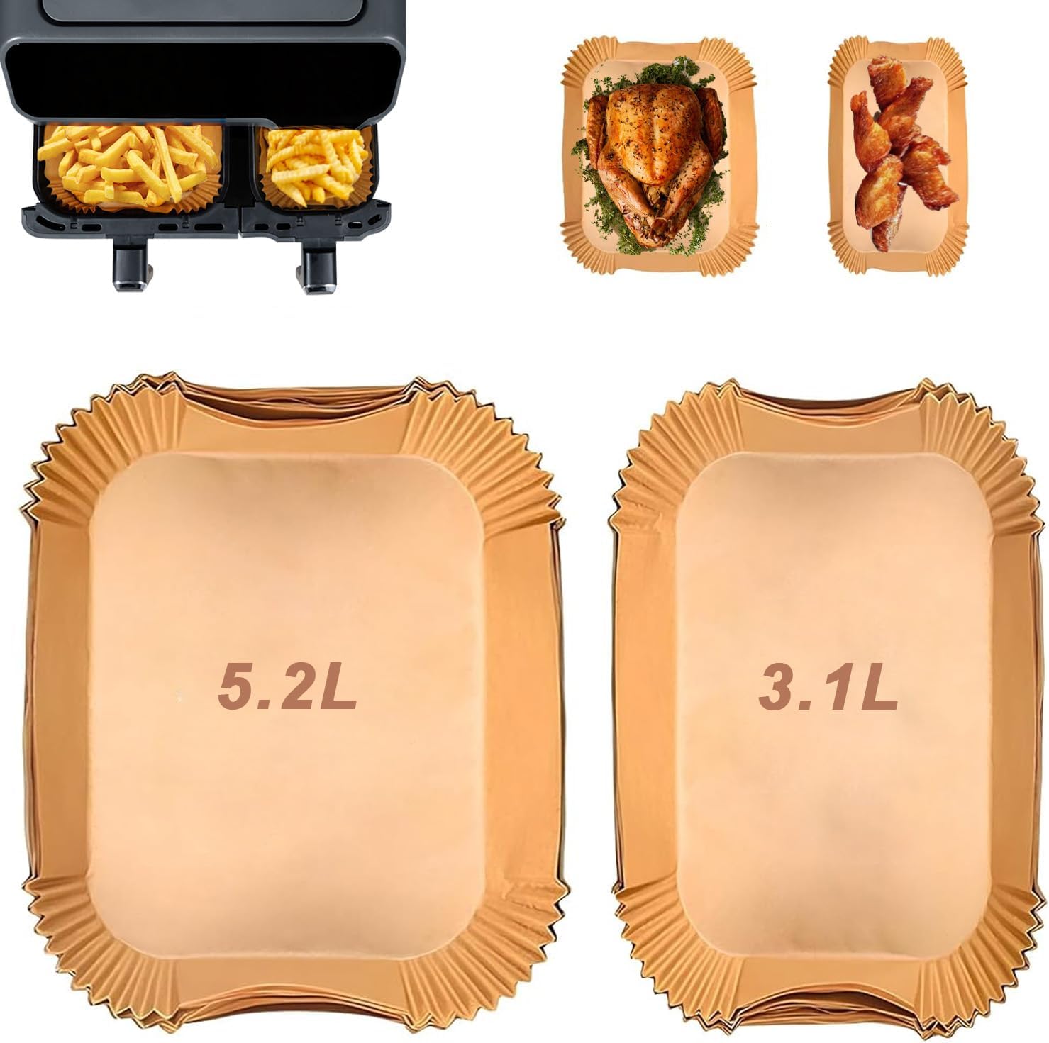 Papier Cuisson Air Fryer pour Moulinex EZ901820 5,2/3,1 L, Papier Sulfurisé pour Air Fryer Philips Airfryer Série 3000, Air Fryer papier Cuisson pour Air Fryer Lakeland Tower Salter (50pcs+50pcs)