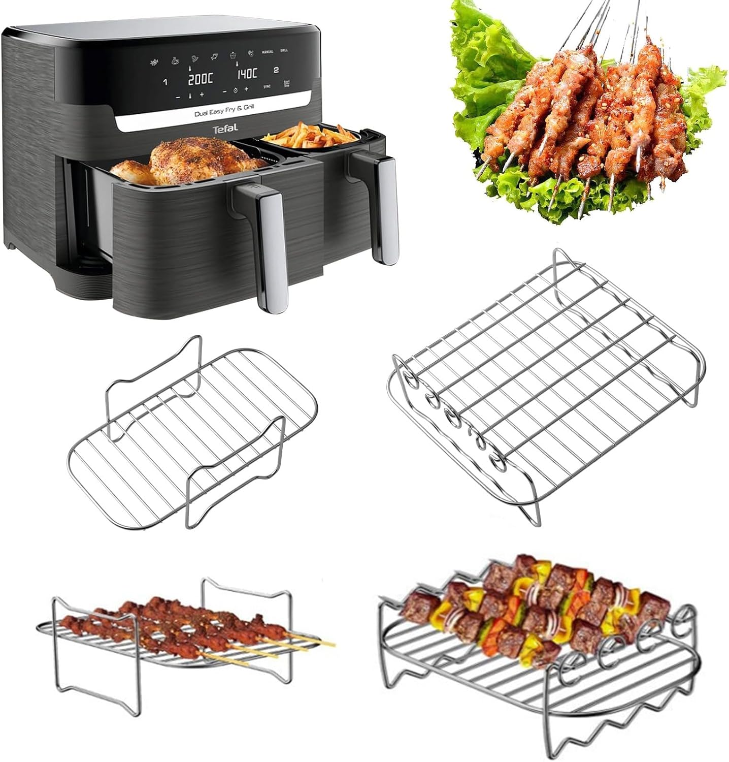 Lifemaison Accessoires de friteuse à air chaud pour Philips Dual Basket 3000, 9L/Tefal 5,2/3,1 l, Easy Fry, 2 supports de friteuse à air avec 5 brochettes, accessoires Air Fryer pour Tefal