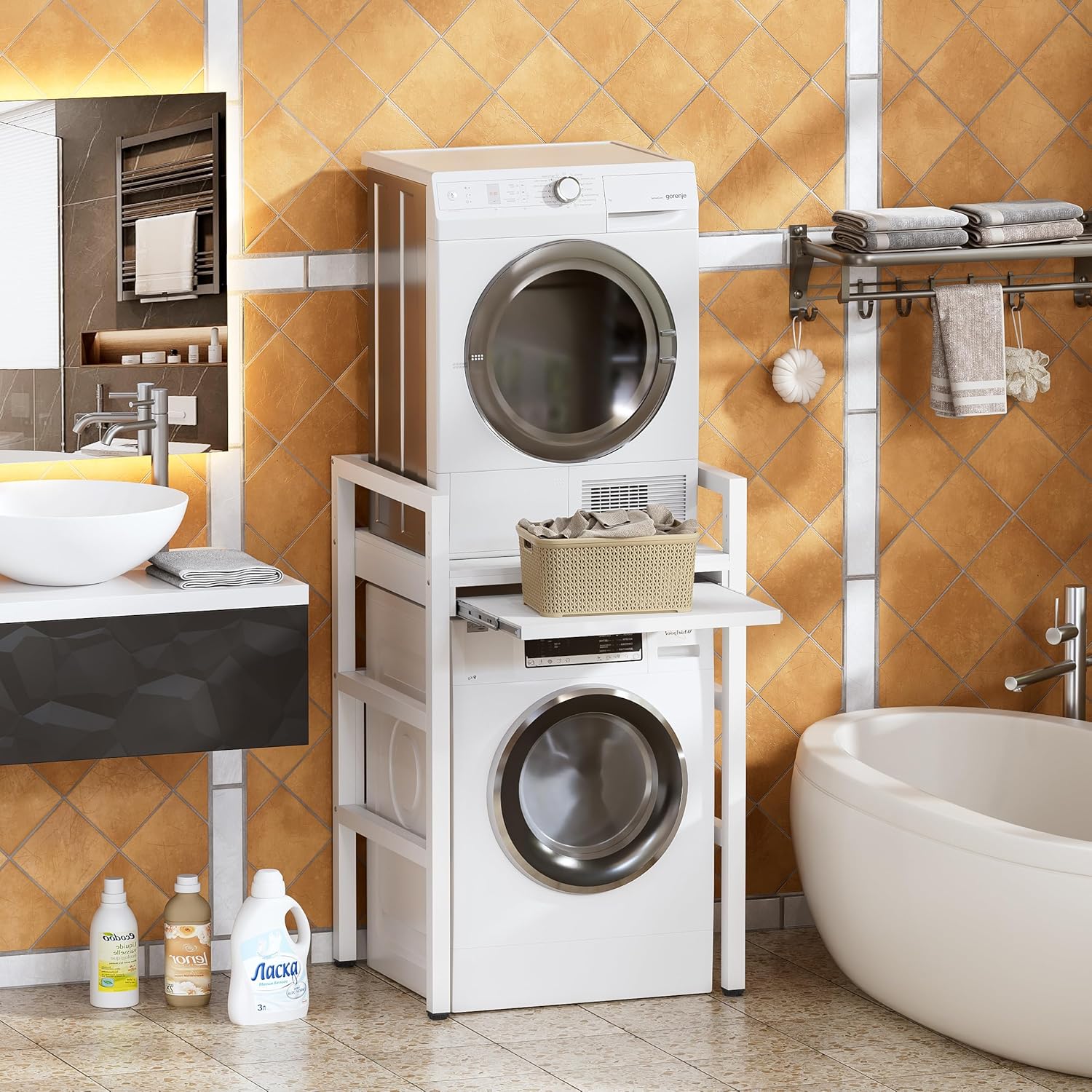 MSFE Meuble Dessus Machine a Laver avec étagère, Superposition Lave Linge Seche Linge, Étagère Machine à laver, 3 Hauteurs Réglables, Capacité de Charge de 350kg, 73*64*115cm, Produit Breveté