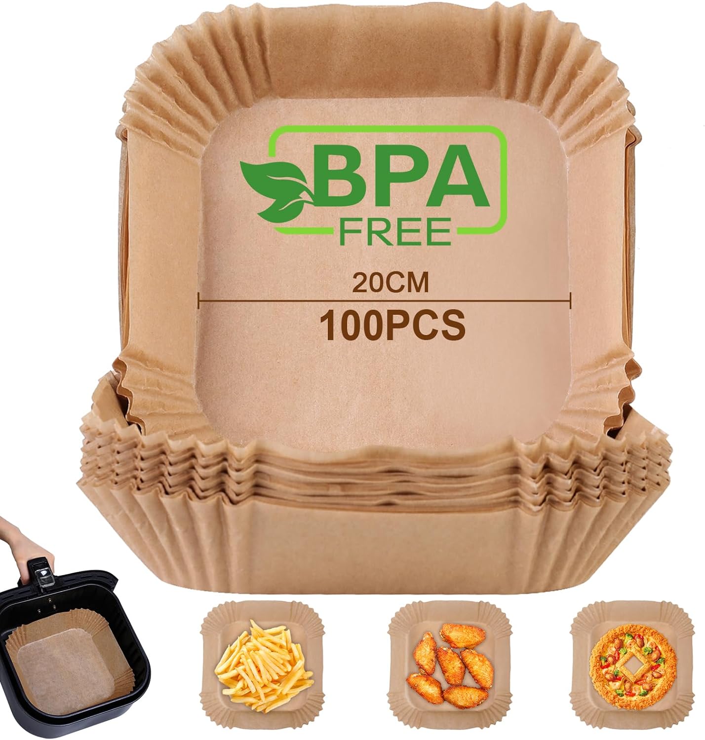 AiQInu Papier Sulfurisé pour Air Fryer,100 Pièces 20cm Cuisson Paper Liner,Food-Grade BPA gratuit, Jetable Antiadhésive Sans Huile Papier Parchemin Accessoires pour 4.5-6L Friteuse à Air
