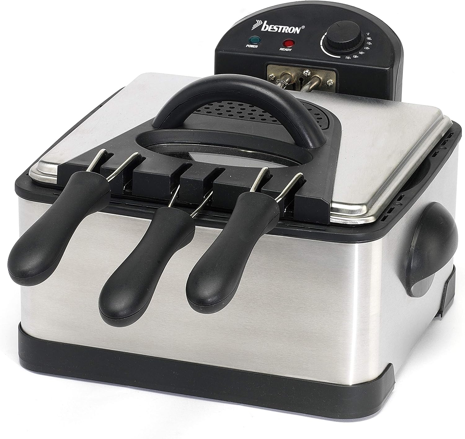 Friteuse familiale avec zone froide, 3 paniers, 4 litres, Capacité de 1,5 kg/2x750 g de friture, Fenêtre de visualisation, 2000 W, Acier inoxydable, Argenté