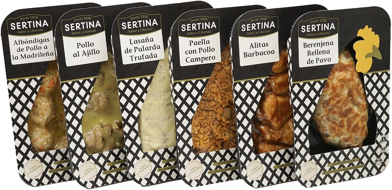 Plats Préparés Gourmet Sertina Pack de 6 x 350g - Ailes de poulet barbecue, lasagnes pularda, boulettes de poulet, poulet à l'ail, aubergines farcies et paella au poulet fermier.