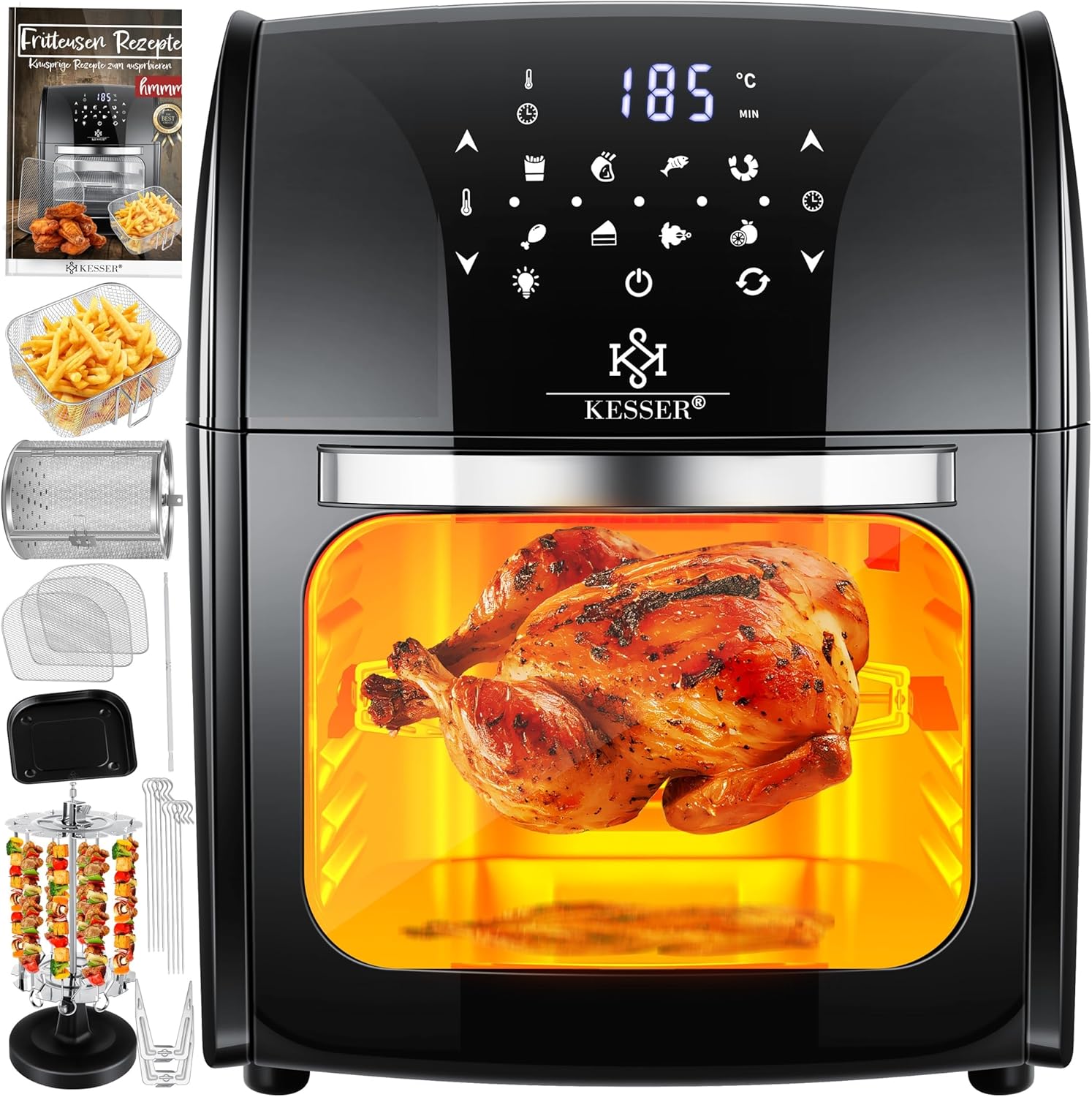 Kesser® XXL Airfryer Friteuse à air chaud 9 en 1 – Barbecue rotatif – Déshydrateur automatique – Micro-ondes – Livret de recettes – Tournebroche – 1800 W Barbecue sans graisse sans huile 8 programmes