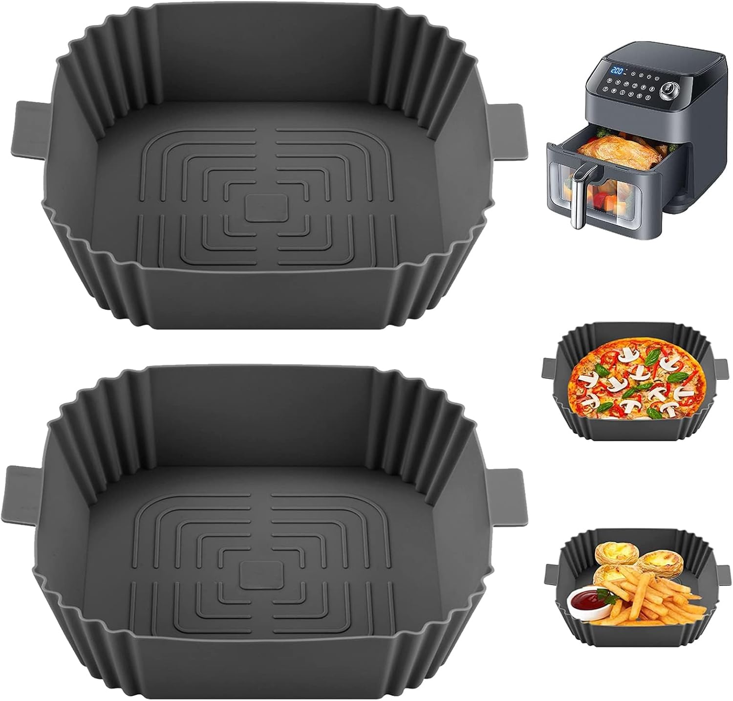 KATLKIU Plaque de cuisson en silicone pour friteuse à air 19,5 cm, 2 pièces, panier pour friteuse à air en silicone, accessoires pour four et micro-ondes, pour friteuse à air four, gris