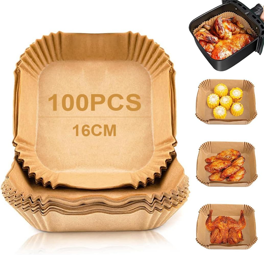 Youery 100 Pièces Papier Cuisson Air Fryer, 16CM Carré Papier Sulfurisé pour Air Fryer, Jetable Antiadhésive Imperméable Parchemin Paper Liner Pour Friteuse à Air, Poêle, Four, Micro-ondes