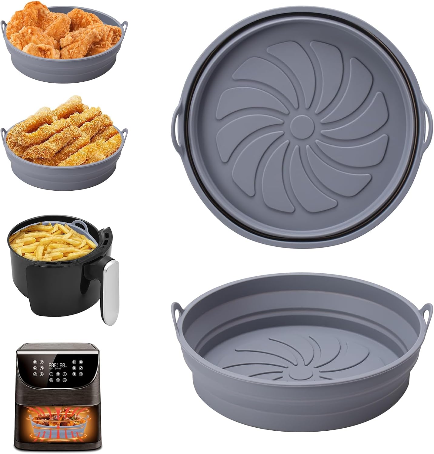 Moule Silicone Air Fryer, 2 Pièces Moule Accessoire pour Airfryer Réutilisable Panier Friteuse à Air Chaud Plat Pot Ronde Pliable Doublure Liner pour Friteuse Air, Micro-ondes, Four (Gris)