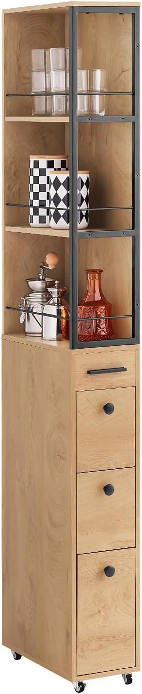 Meuble Colonne, Armoire Haute à roulettes, Meuble de Rangement Étroit avec 3 Étages et 3 Tiroirs, pour Salle de Bain, Cuisine, Salle à Manger, Bureau, Salon, 40x20x169,5cm, NSR13-N