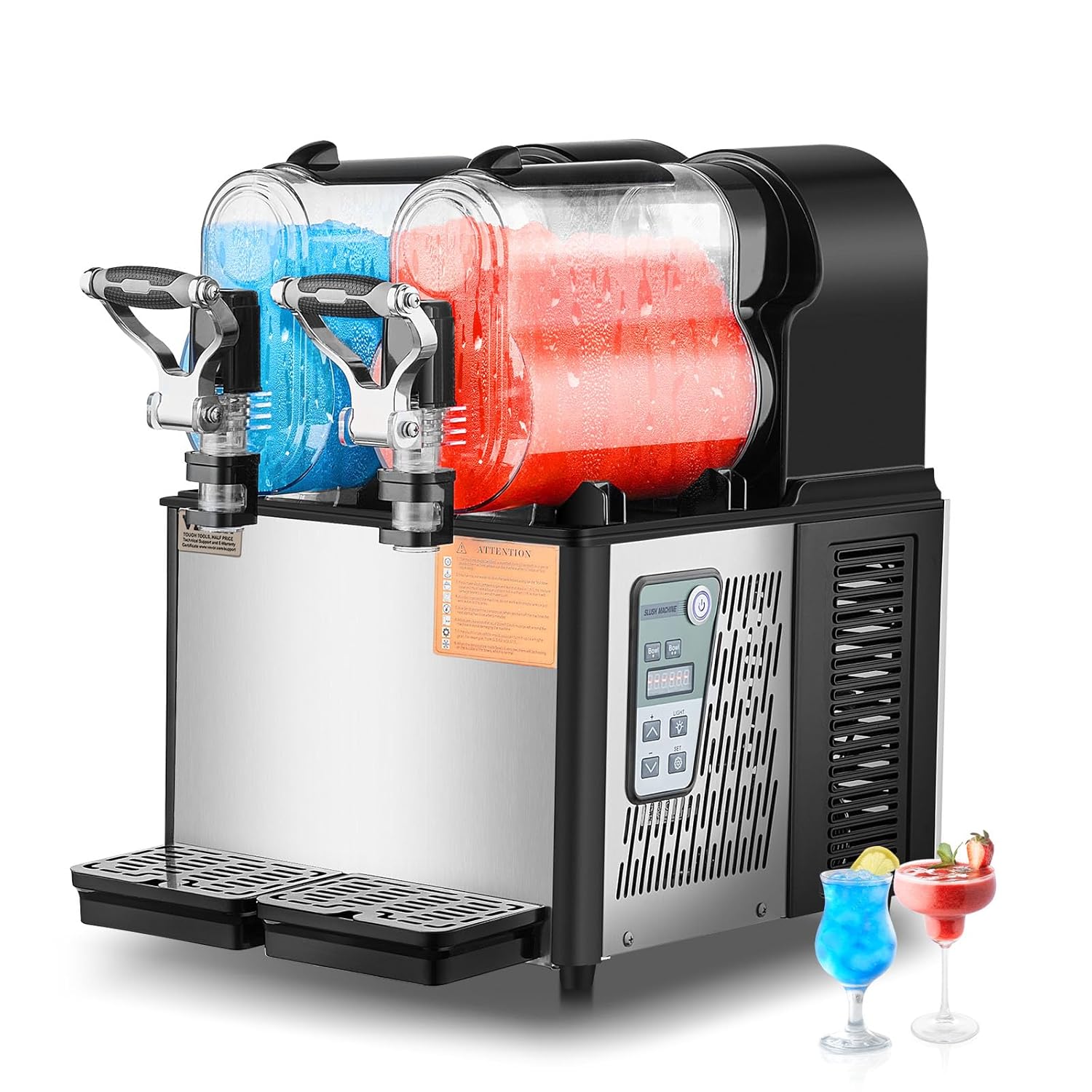 Machine à Granité Commerciale 2x3L Double Réservoir, Machine à Boissons Glacées en Inox de 24 Tasses, Distributeur de Boissons Frappées Granitas Margarita Smoothie, pour Restaurants Cafés Bars