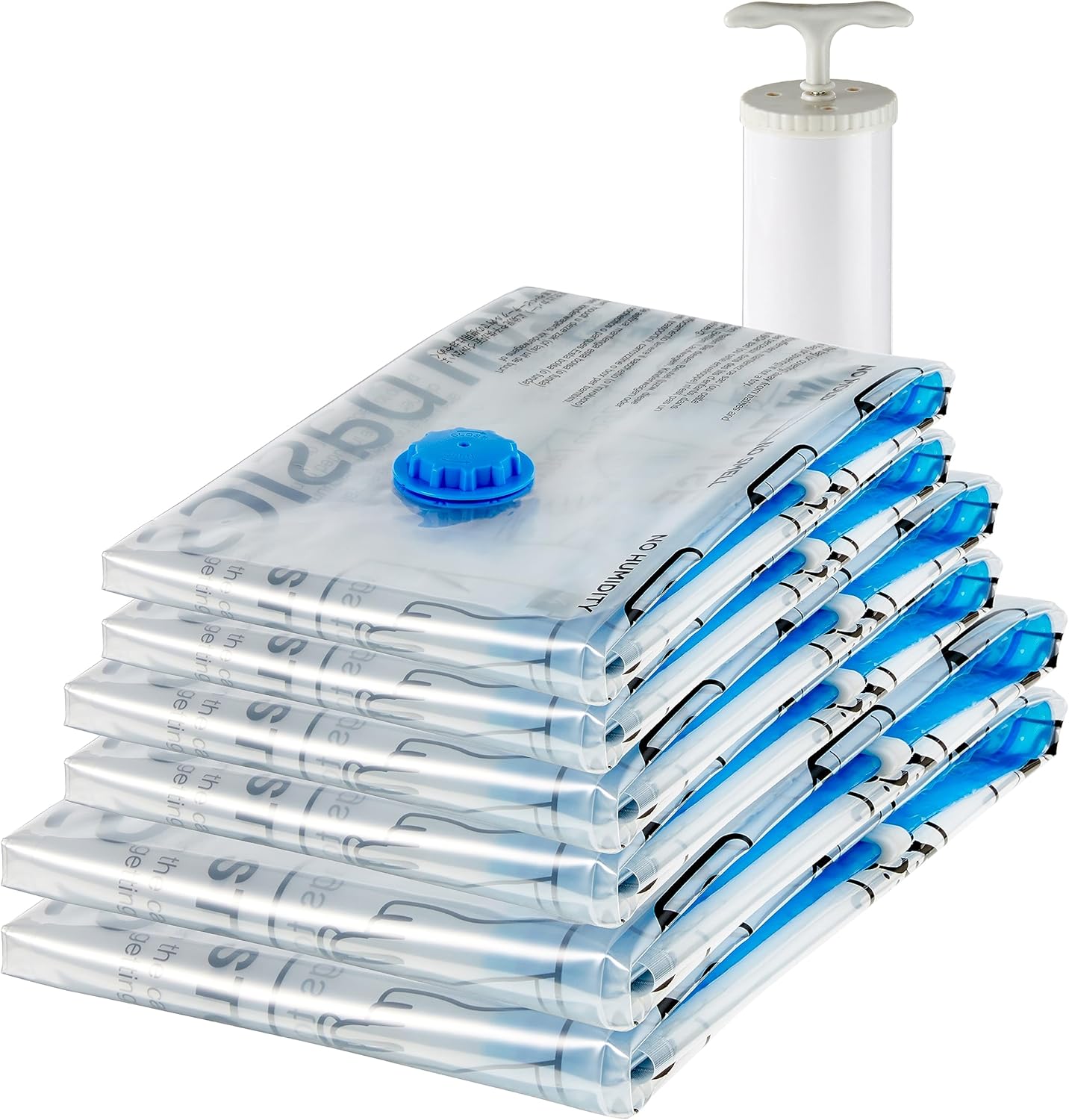 Fermeture éclair housses de rangement sous vide avec pompe manuelle, Lot de 6, Plusieurs (2 jumbo, 2 L, 2 M taille), Clair, Bleu