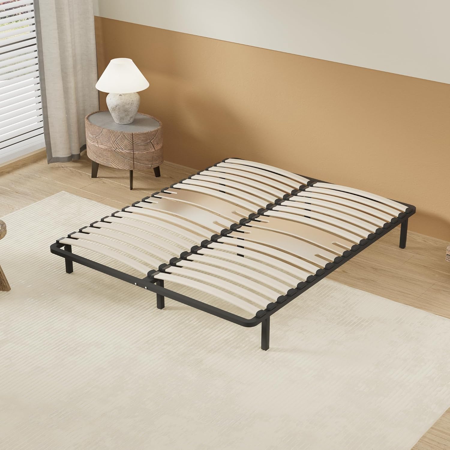 Sommier à Lattes en Bois, Cadre en métal, Lattes en Bois Flexible, 2 Doubles Lattes de Renfort Lombaire, 7 Pieds, lit très Stable, Solide et Durable, Style Industriel (90 x 190 cm)