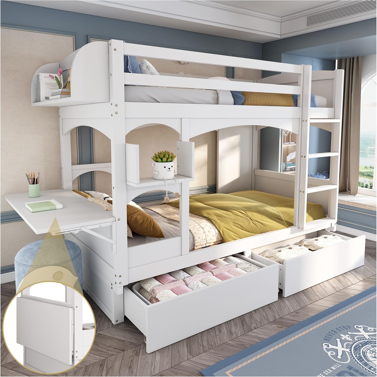 Sapgaks Lit superposé avec Bureau Pliant et étagère,lit Enfant avec échelle et 2 tiroirs,lit Double 90 * 200cm,lit superpose Enfant Multifonctionnel,Bois Massif, Blanc (A-Blanc)