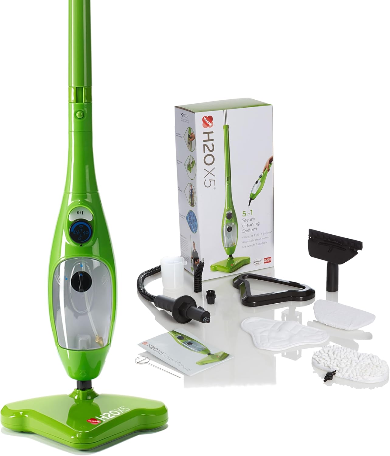 H2O X5+ Vadrouille à vapeur et nettoyeur vapeur à main - système multifonctionnel et polyvalent pour sols, tapis, fenêtres, tissus d'ameublement, cuisines et salles de bains (Vert)