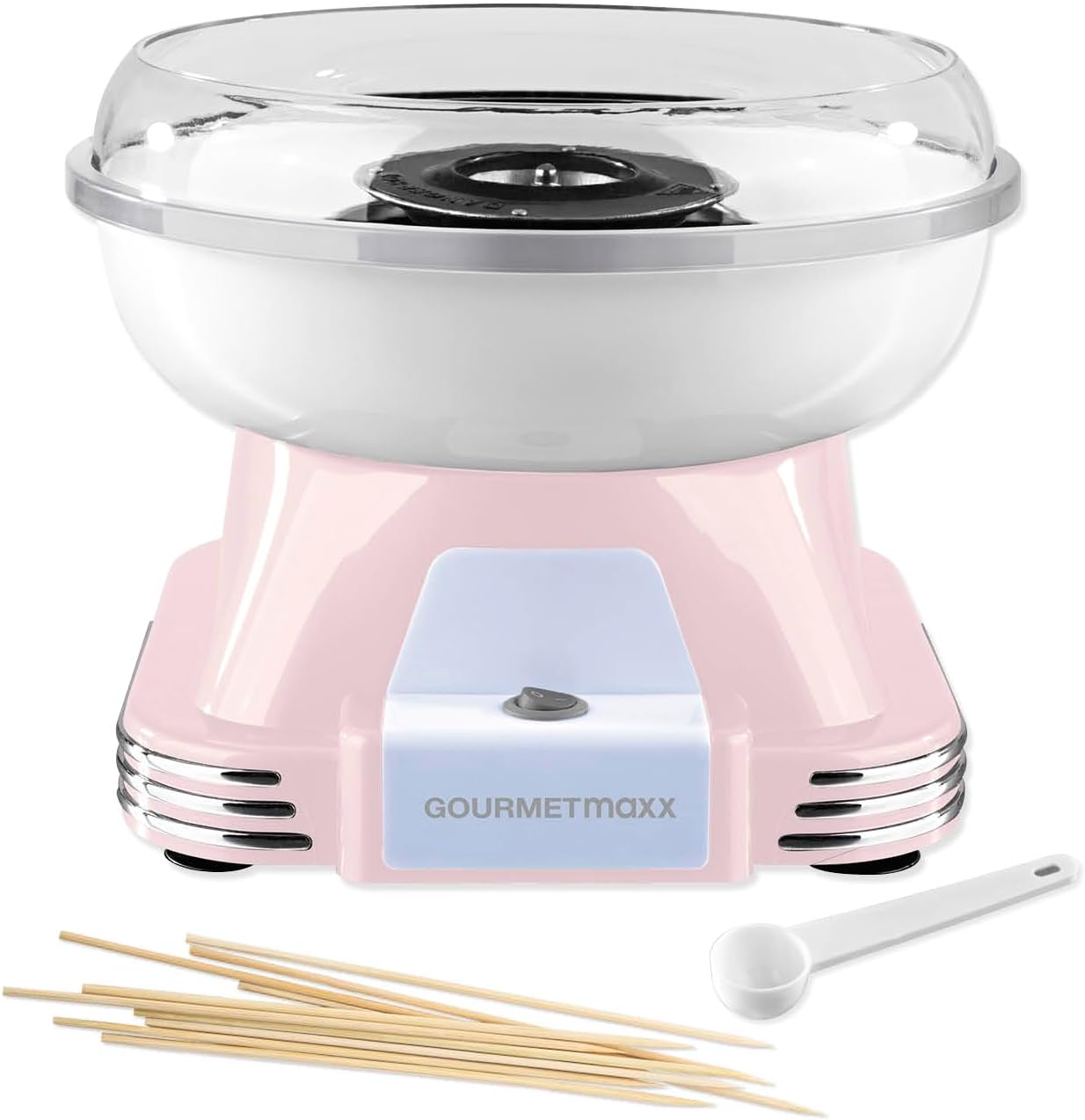 GOURMETmaxx Machine à barbe à papa pour la maison - L'original avec 10 bâtonnets & cuillère doseuse au design rétro nostalgique - Barbe a papa pour les fêtes d'enfants, les anniversaires [Rose]