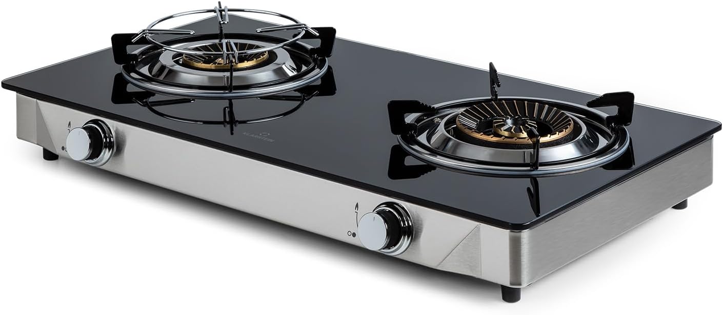 Plaque de Cuisson Gaz 2 Feux, Table de Cuisson à 2 Brûleurs, Plaque Gaz de 7.7 kW, Piano Cuisine en Acier Inoxydable, Plaque de Cuisson Inox Portable