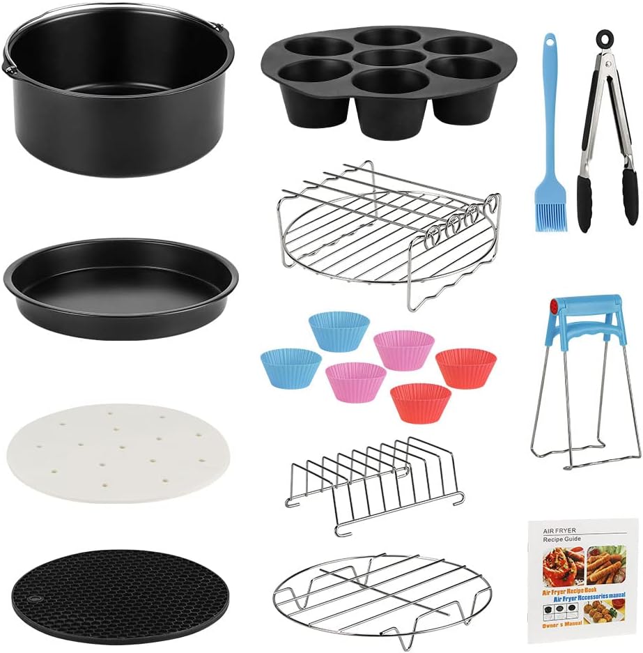Kit Accessoires pour Friteuses à Air, 13Pcs 8 Pouces Accessoires de Friteuse pour Friteuses à Air inclure Double Couche avec 4 Brochette, Plat à Pizza, Porte Toast, Pince Cuisine et Tapis etc.