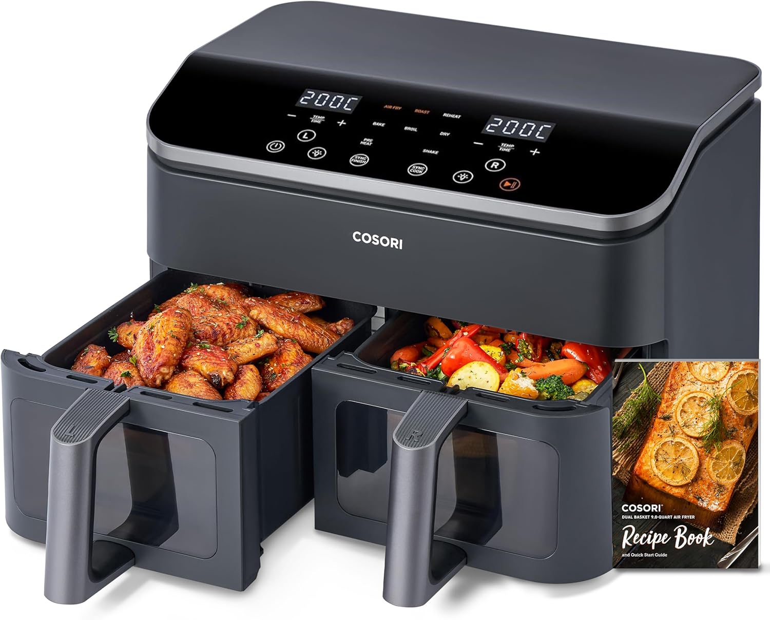 Air Fryer 2 Compartiments 8.5L,Dual Friteuse Sans huile,55 Pourcent d'Énergie en moins,Avec fênetre visible,230 Degré Celsisus Maximale,Sync Finish et Cook,85 Pourcent Moins de Graisse,Recette