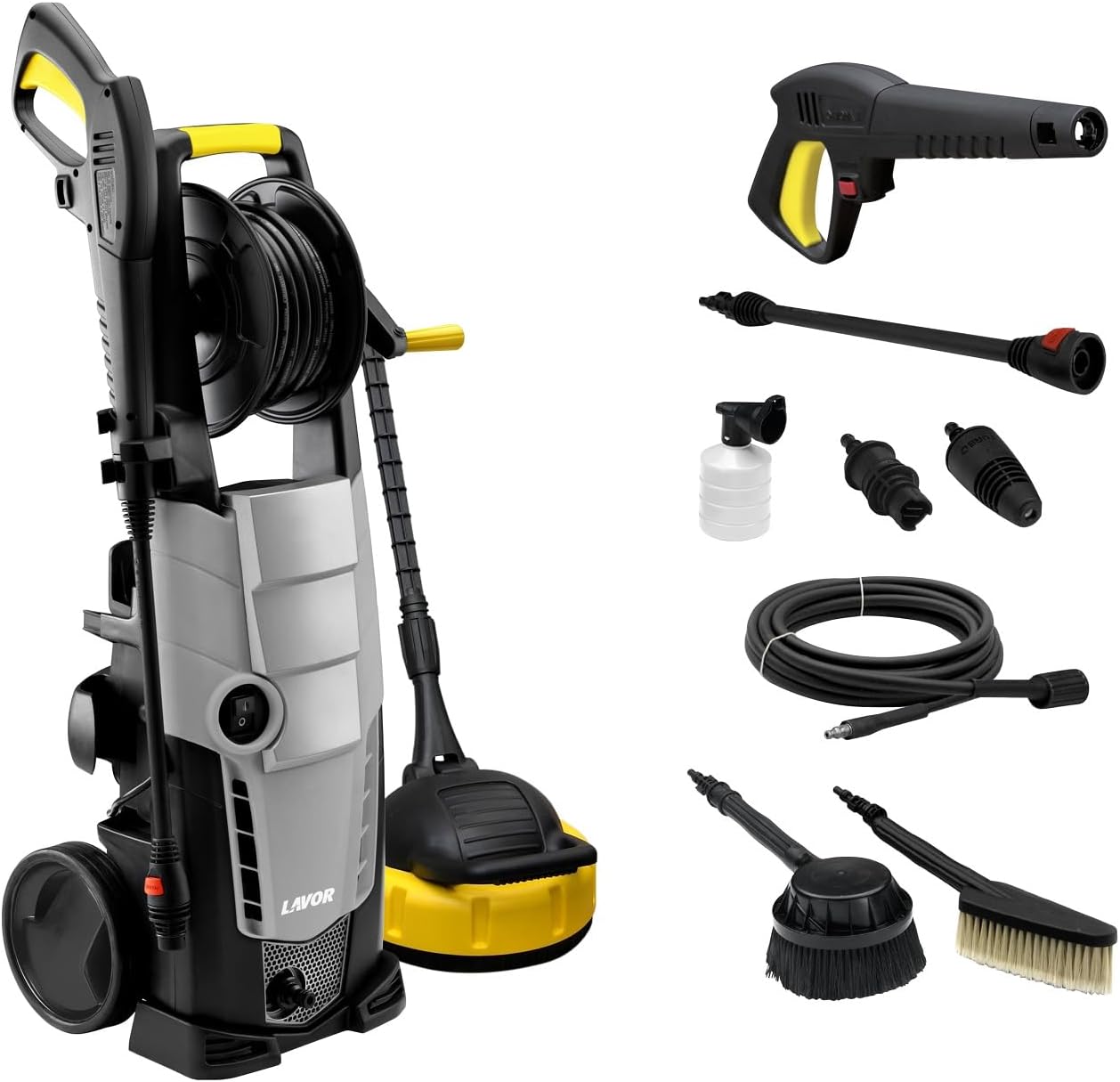 Nettoyeur Haute Pression GALAXY 160 GL avec Enrouleur, deux Brosses et Accessoire Lave Sols, Puissance 160 bar max, Débit 510 l/h max, Moteur 2500W