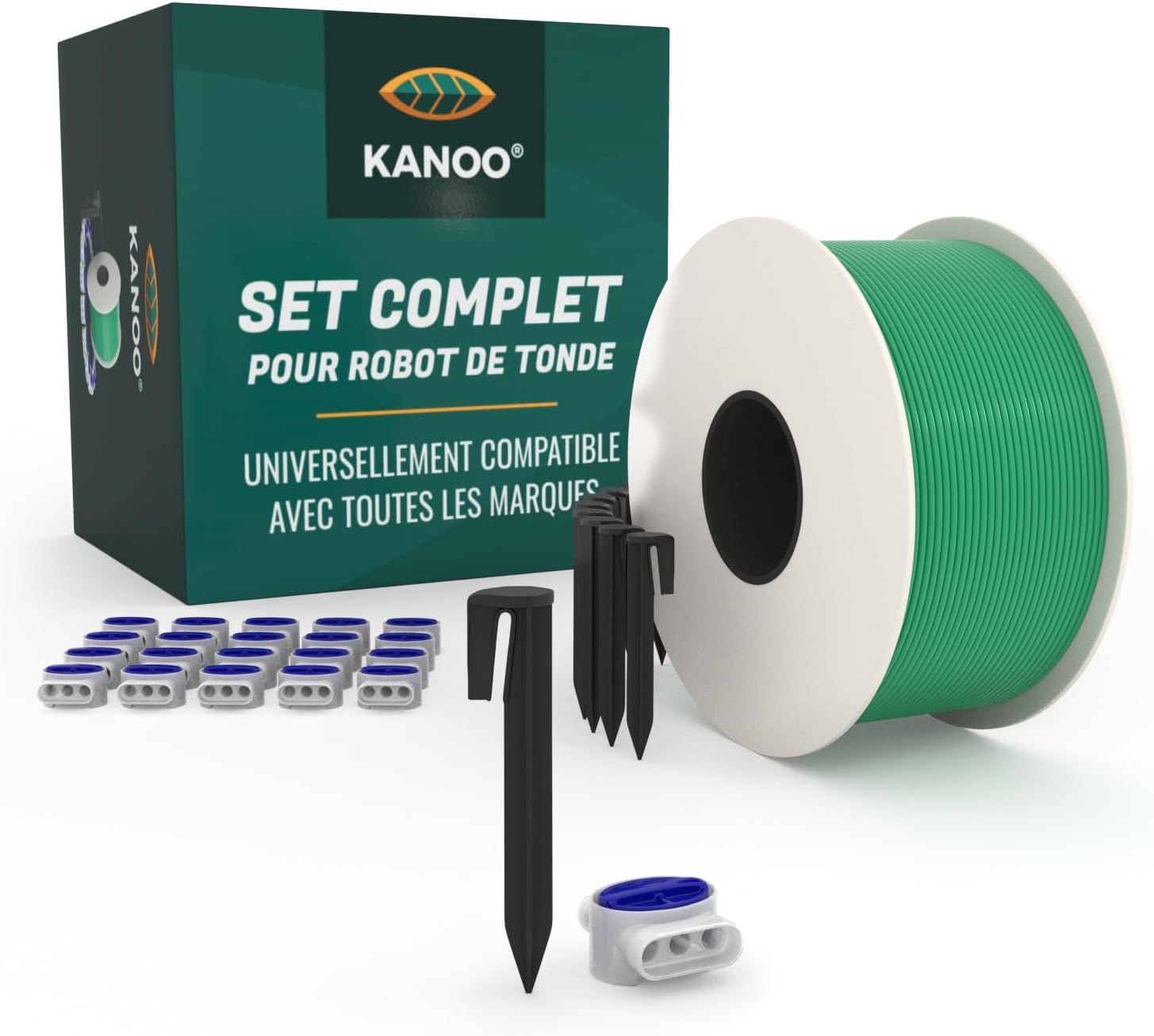 Kanoo® Kit d'installation avec câble Robot Tondeuse + Piquet de Fixation pour Jardin + connecteurs de câble - pour Installation du câble de délimitation Robot Tondeuse dans Un Jardin