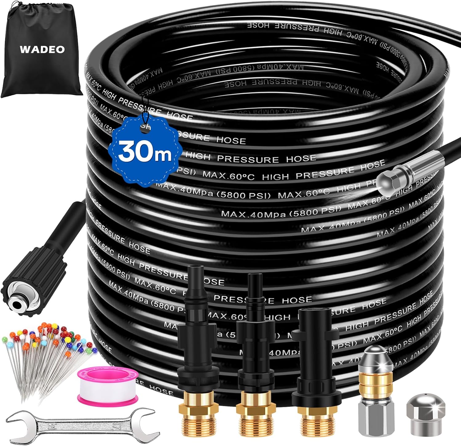 Tuyau de Nettoyage Haute Pression 30M, 400 Bar/5800 PSI, Compatible Kärcher K2 K3 K4 K5 K6 K7, Lavor, Bosch, Parkside - Kit Nettoyage Pro avec 2 Buses et 3 Adaptateurs pour Usage Domestique