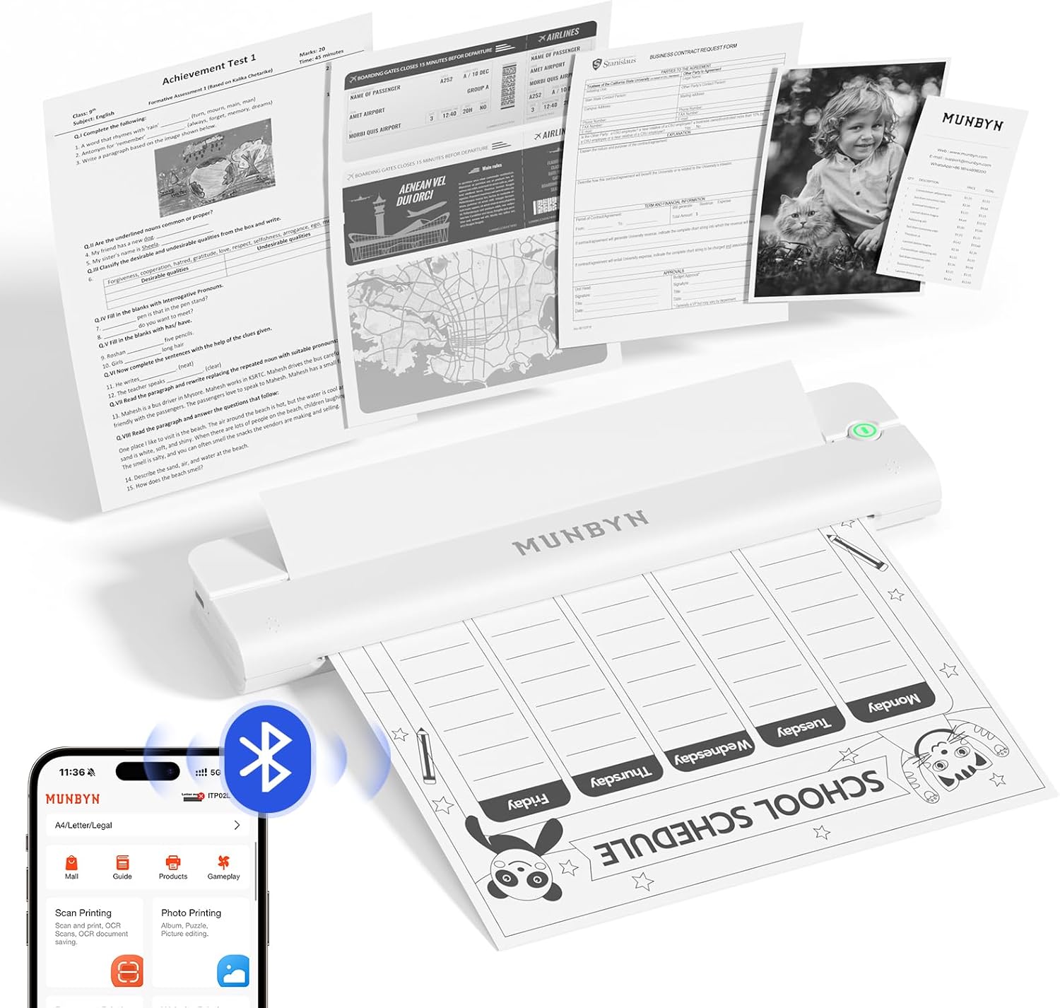 ITP02 Imprimante Thermique A4, Bluetooth Imprimante Portable sans Fil pour Le Voyage, Compatible avec Les Téléphones et Ordinateurs Portables Android et iOS, Petite Imprimante, Blanc