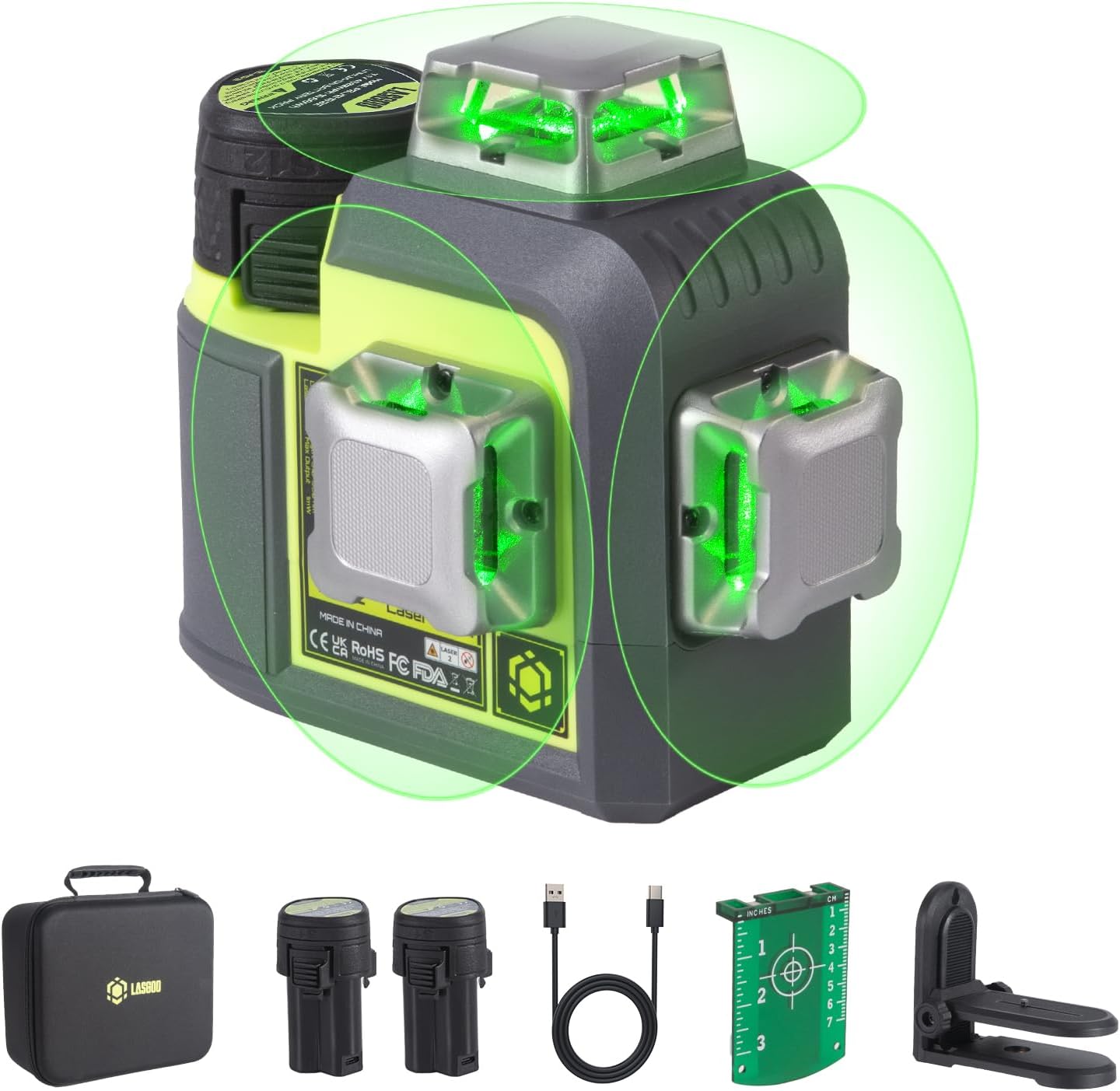 Niveau laser LasGoo 3D-RS12 3x360° faisceau vert pour construction et accrochage, auto-nivelant, 2 batteries rechargeables 11.1V (24h), support magnétique réglable, câble Type-C