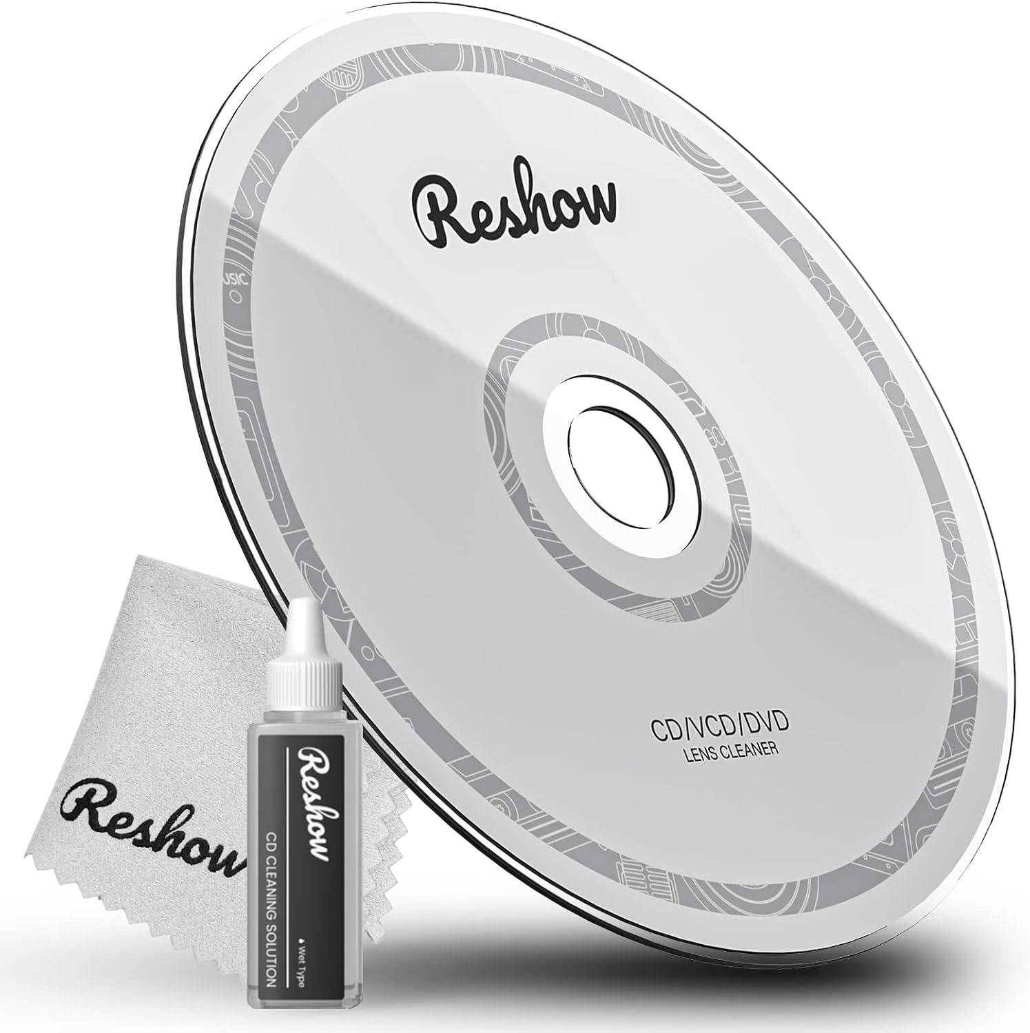 Kit de Nettoyage de lentille Laser Reshow pour CD & DVD sans rayer l'optique - Inclut Chiffon Microfibres, Disque de Nettoyage et Solution de Nettoyage (1 Bouteille de Liquide de Nettoyage)