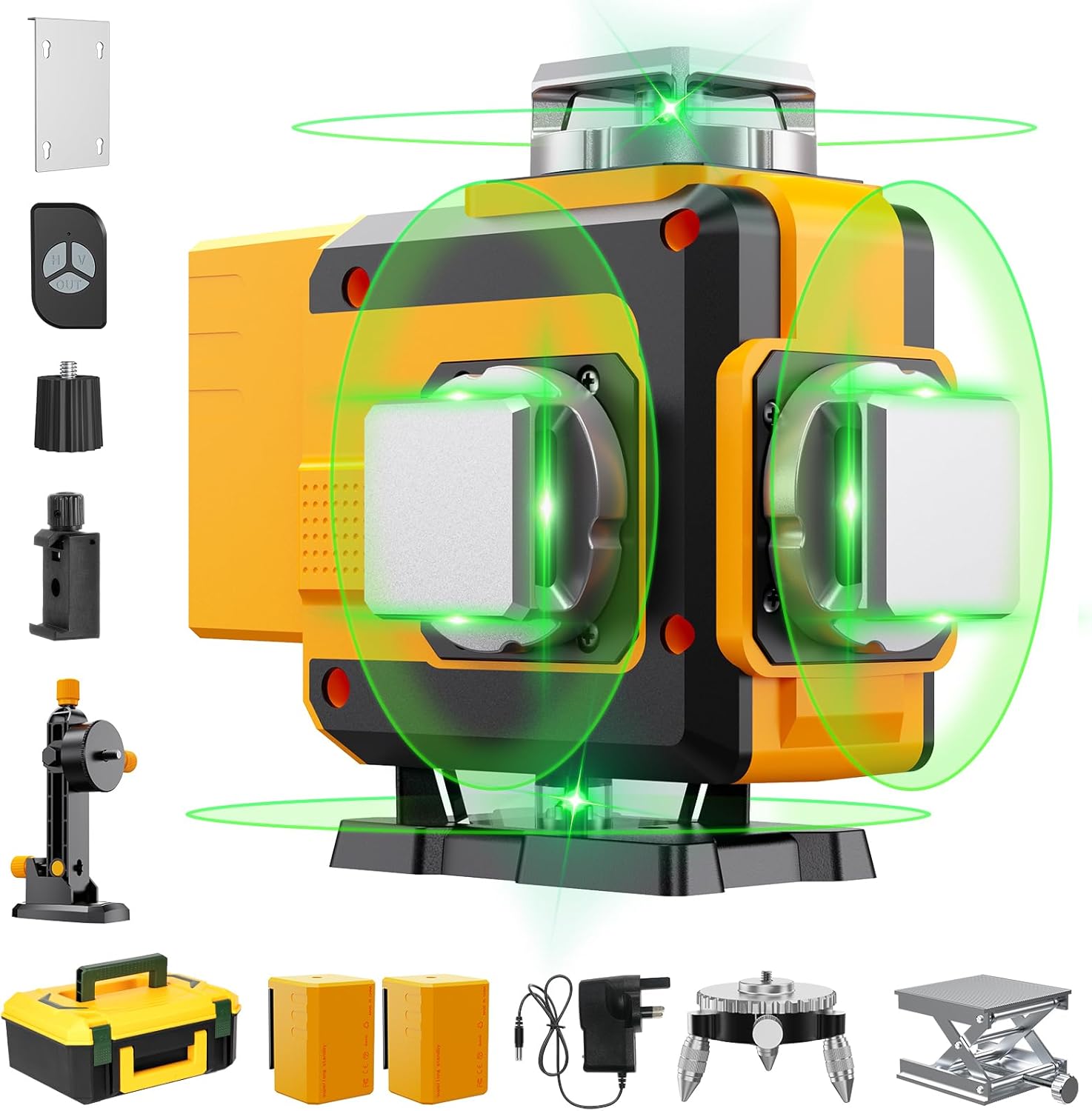 Niveau Laser Vert 4x360, Niveau Laser Professionnel 4D 16 Fils, Niveau Laser Rotatif Autonivelant, IP54 Antipoussière, Etanche, 2 Batteries Rechargeables de 4800 mAh