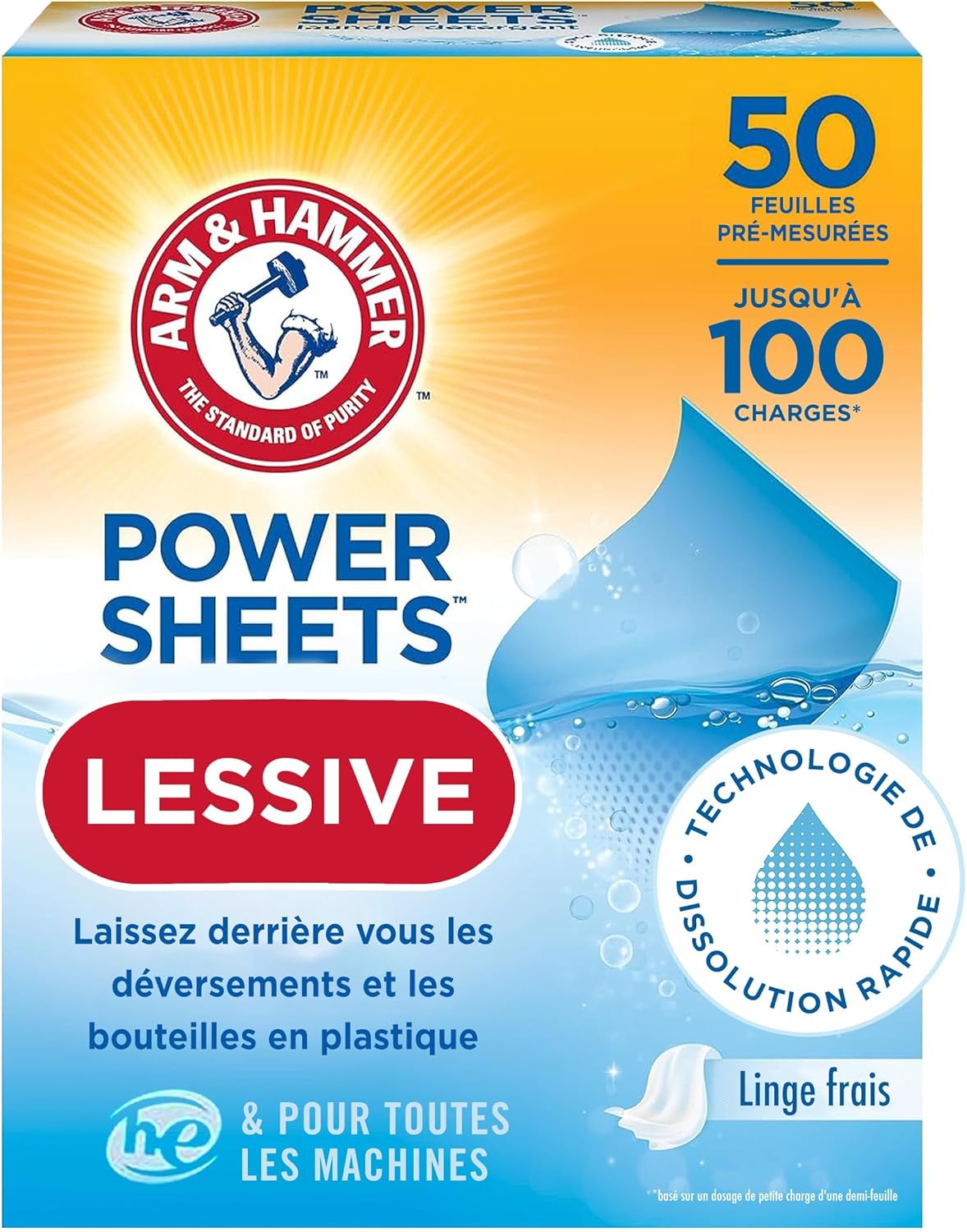 Arm & Hammer Power Sheets Détergent à Lessive en Feuilles, Parfum Fresh Linen, 50 Unités, Jusqu'à 100 Petites Lessives