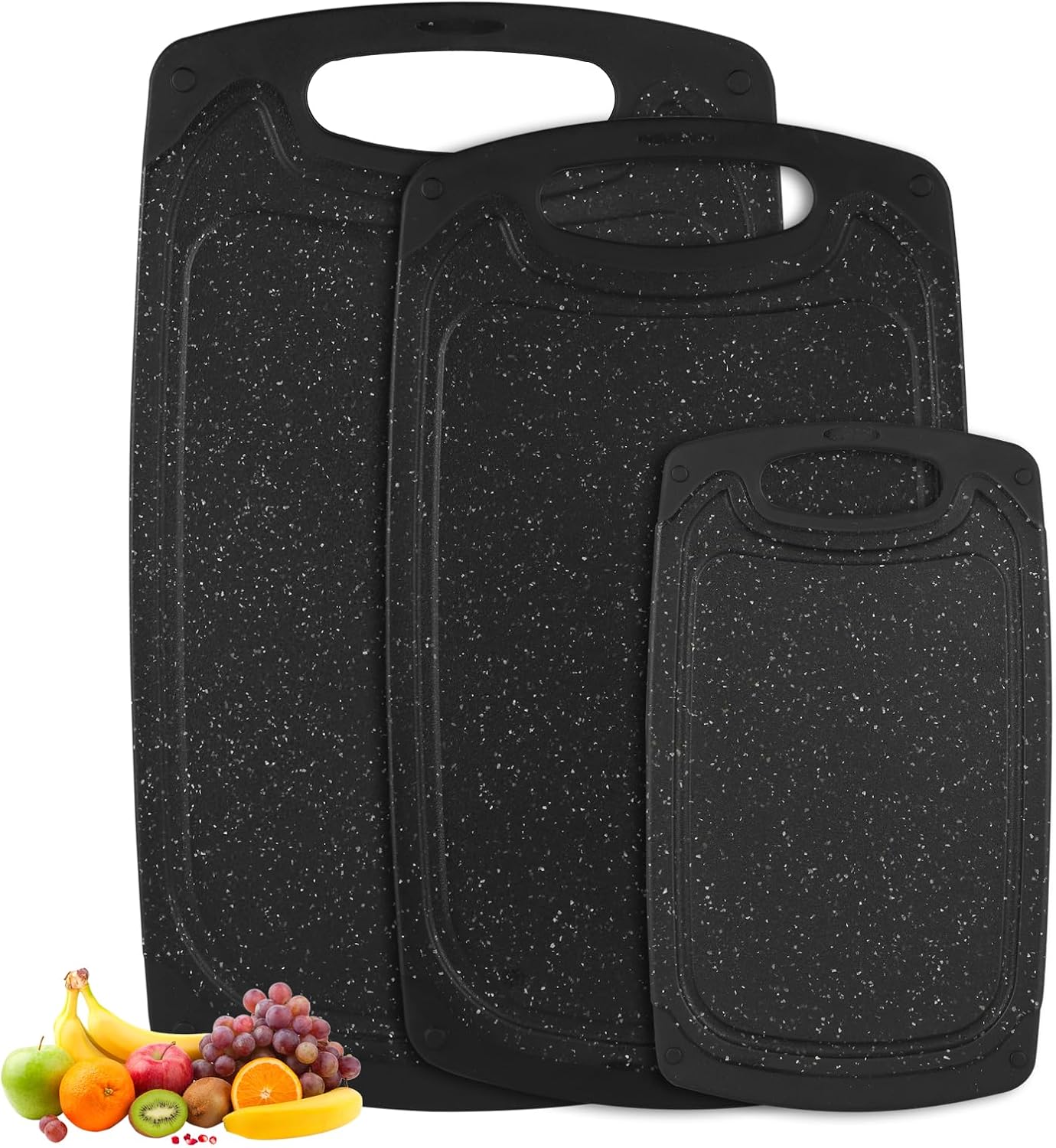 FHISKUNYU Planche à Découper Plastique 3 en 1, Set de Planches à Découper sans BPA, Design Marbré Antidérapant à Double Face avec Rainure à Jus & Trou de Suspension (40x24cm, 35x21cm, 25x14.8cm)