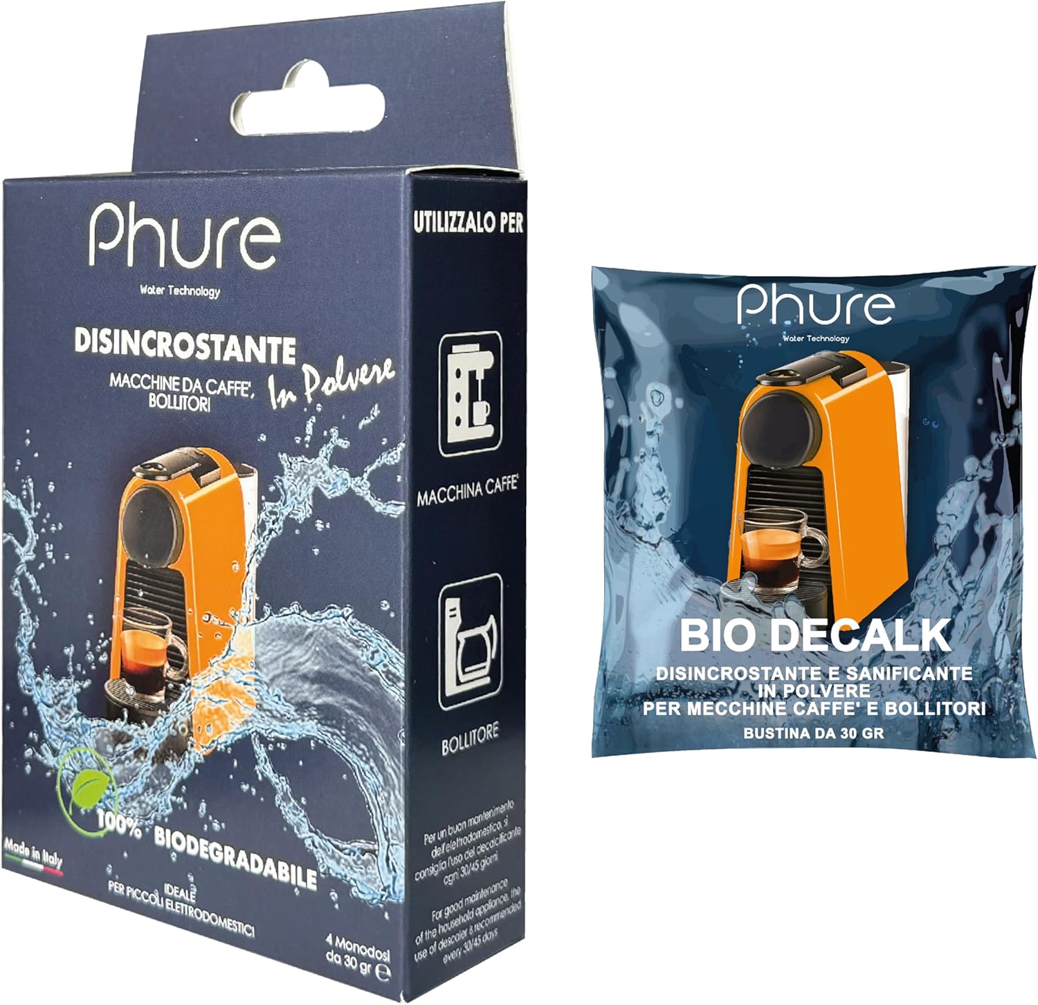 PHURE Décalcifiant en poudre unidose pour machine à café, bouilloires, petits appareils ménagers, compatible avec toutes les machines à café, 100 % biodégradable, écologique fabriqué en Italie