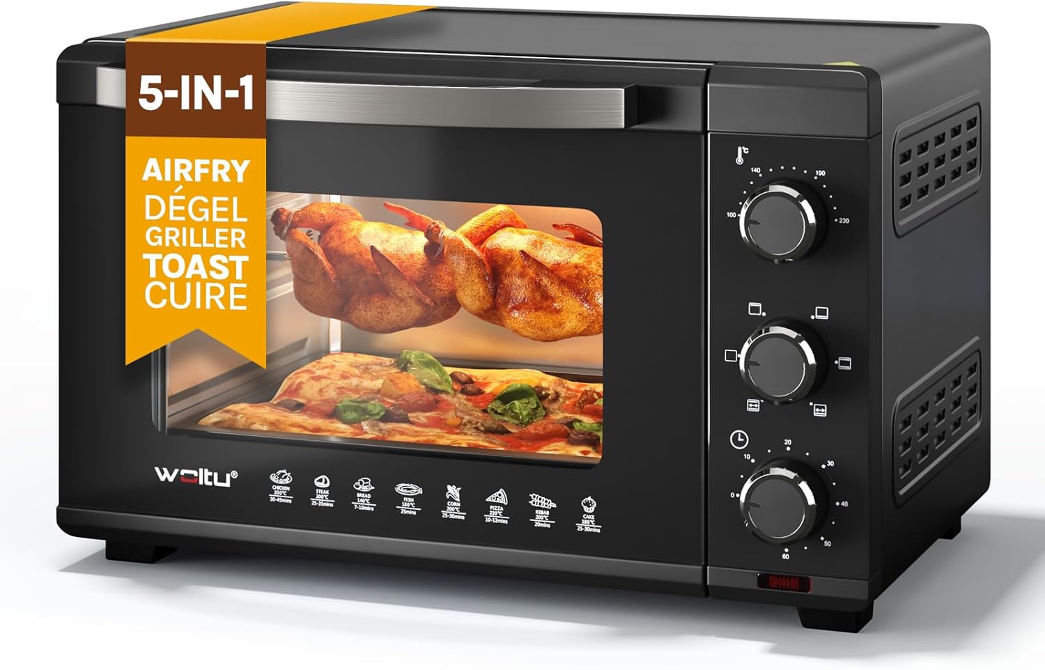 Mini Four 32L avec Broche de Rôtisserie, 4 éléments chauffants, Minuterie 60 min, Température 100-230℃, 1600W, Porte à Double Vitrage,Noir