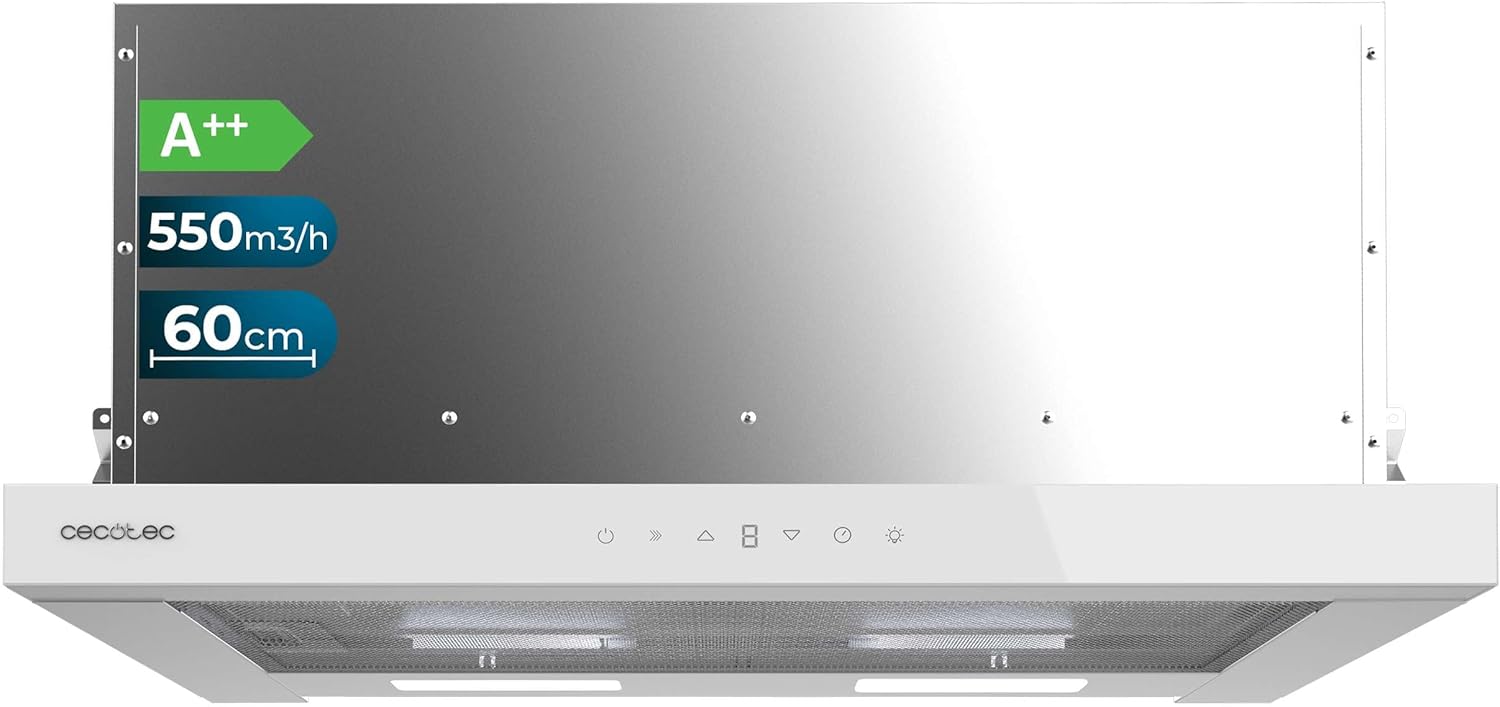 Hotte Aspirante Télescopique 60cm Flux TLT 605500 White Black A++ - Moteur 70W, Faible consommation, Frontal verre blanc, Puissance 550m³/h, Contrôle tactile et gestes, Filtre à charbon