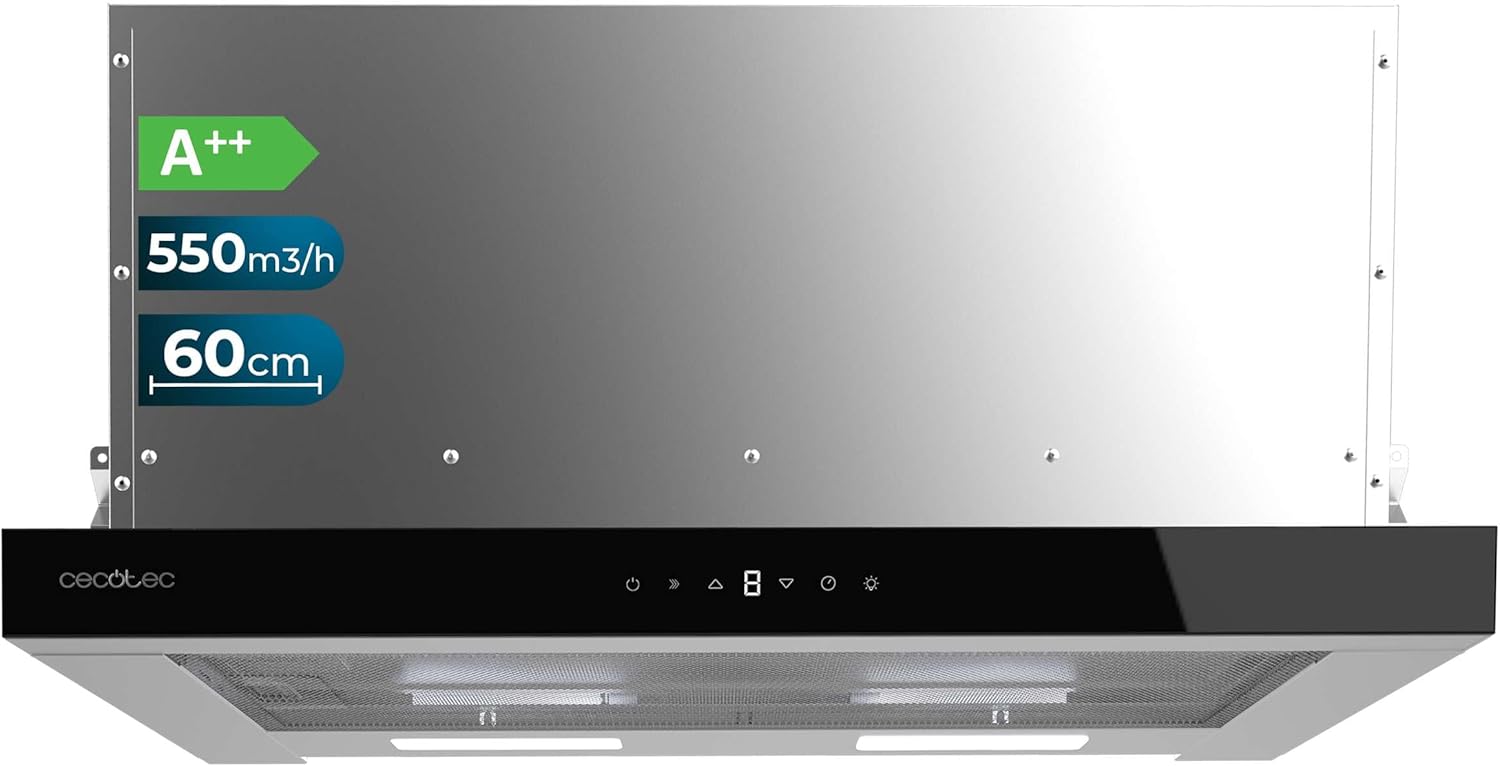 Hotte Aspirante Télescopique 60cm Flux TLT 605500 Glass Black A++ - Moteur 70W, Faible consommation, Frontal verre blanc, Puissance 550m³/h, Contrôle tactile et gestes, Filtre à charbon