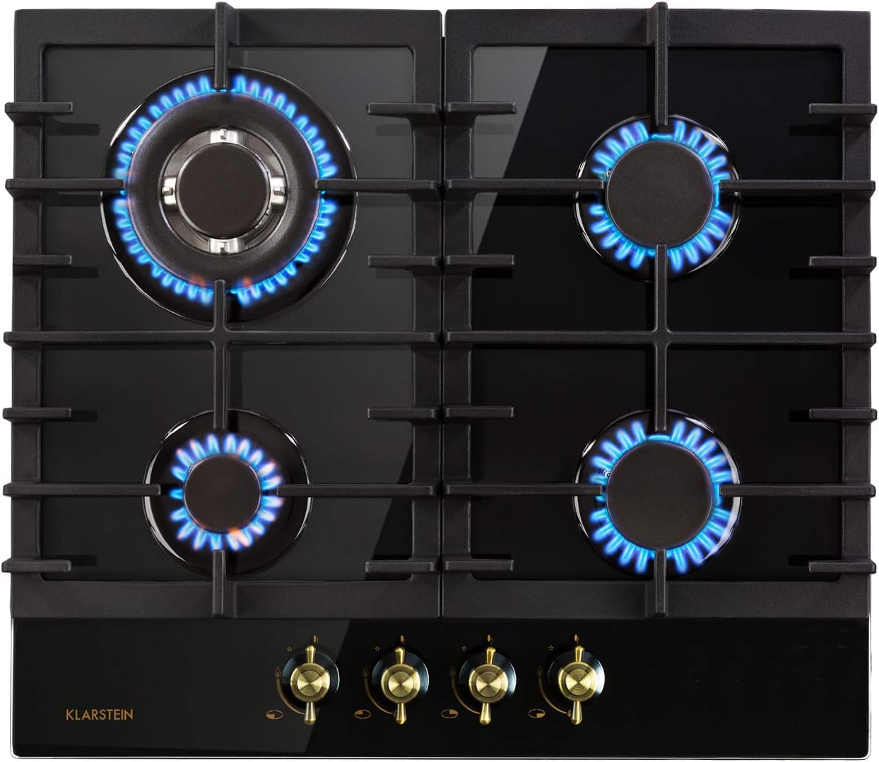 Victoria - Plaque de cuisson gaz 4 feux, pose libre, 60 cm, encastrable, brûleur Sabaf, gaz naturel/propane, soupapes de sécurité, arrêt automatique, croix en fonte - noir