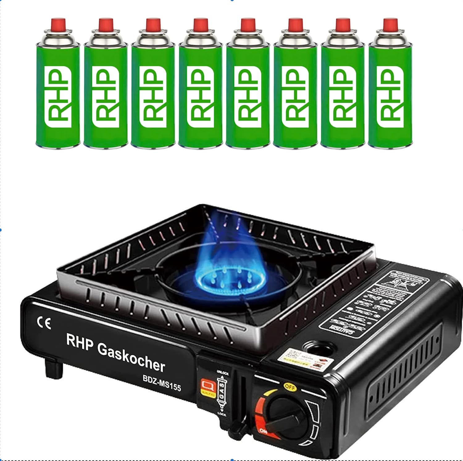 Réchaud à gaz d'extérieur RHP cuisinière de camping I cuisinière à gaz avec 8 cartouches de gaz à baïonnette - avec étui pratique - jusqu'à 30% de consommation de gaz en m