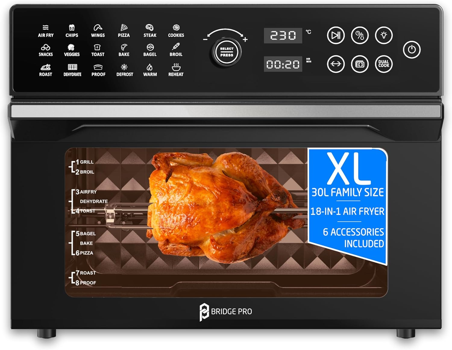 Tal Air Fryer Oven with Rotisserie, Full Accessory Set - XL Family Sized 18-in-1 Preset, Dual Cook, Smart Dial, 360° Hot Air Circulation, Time & Temp Control, Fast Cooking - 1800 W