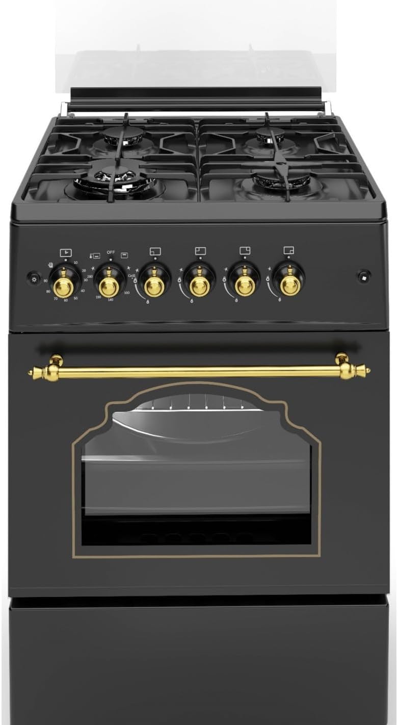 Cuisinière à gaz VuLCANO GOLD-60 Rustica Gold - Allumage automatique, Wok, ventilateur et minuteur - *Haut de gamme*